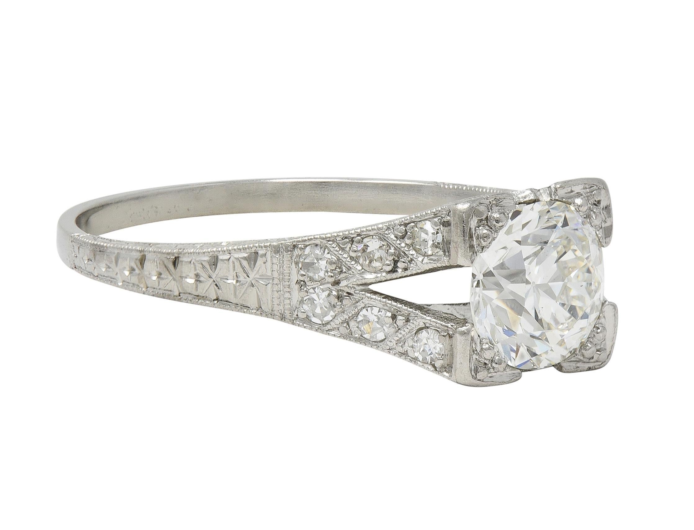 Art Deco 1.30 CTW Diamond Platinum Vintage Fanning Wheat Engagement Ring In Excellent Condition For Sale In Philadelphia, PA