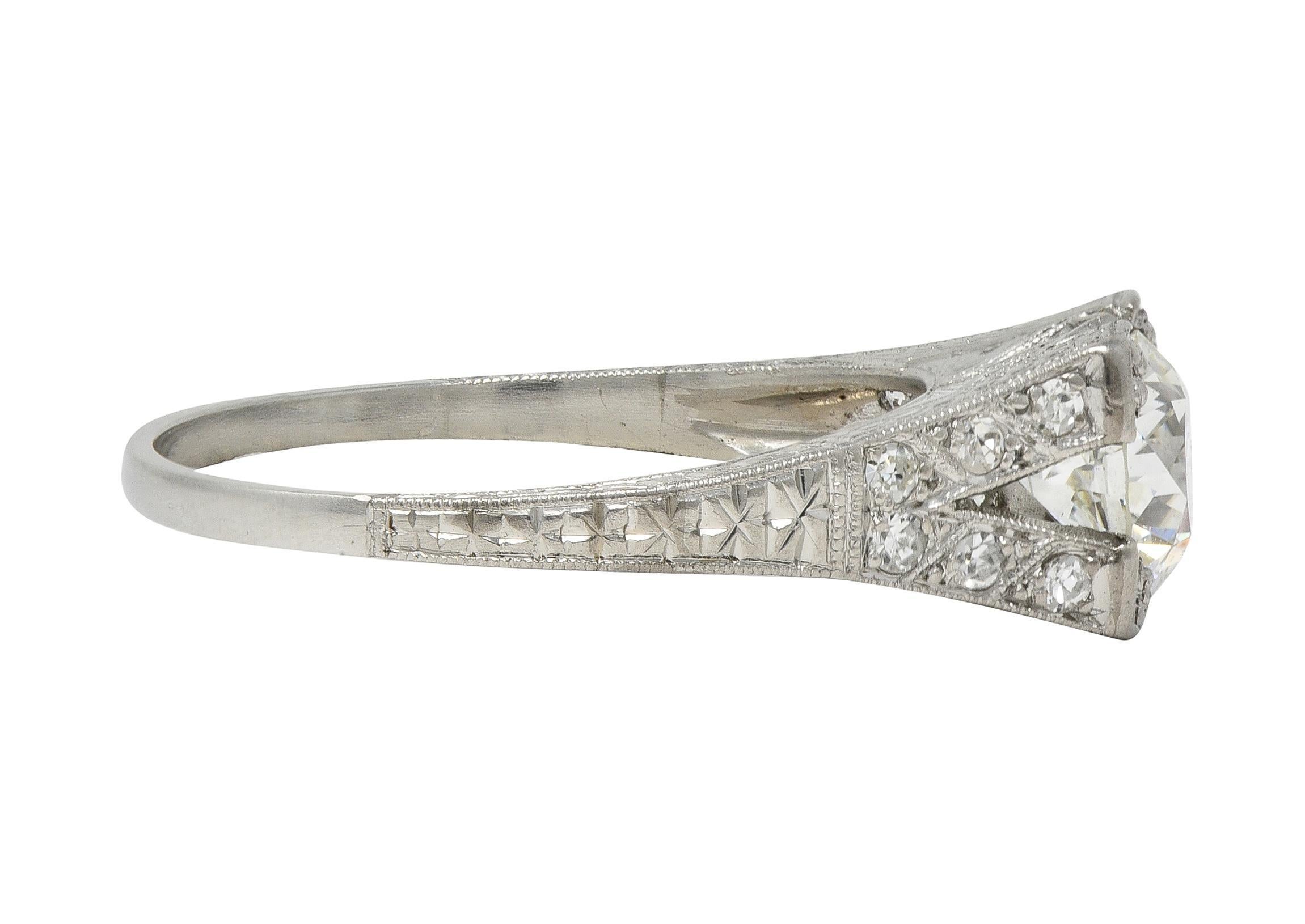 Women's or Men's Art Deco 1.30 CTW Diamond Platinum Vintage Fanning Wheat Engagement Ring For Sale