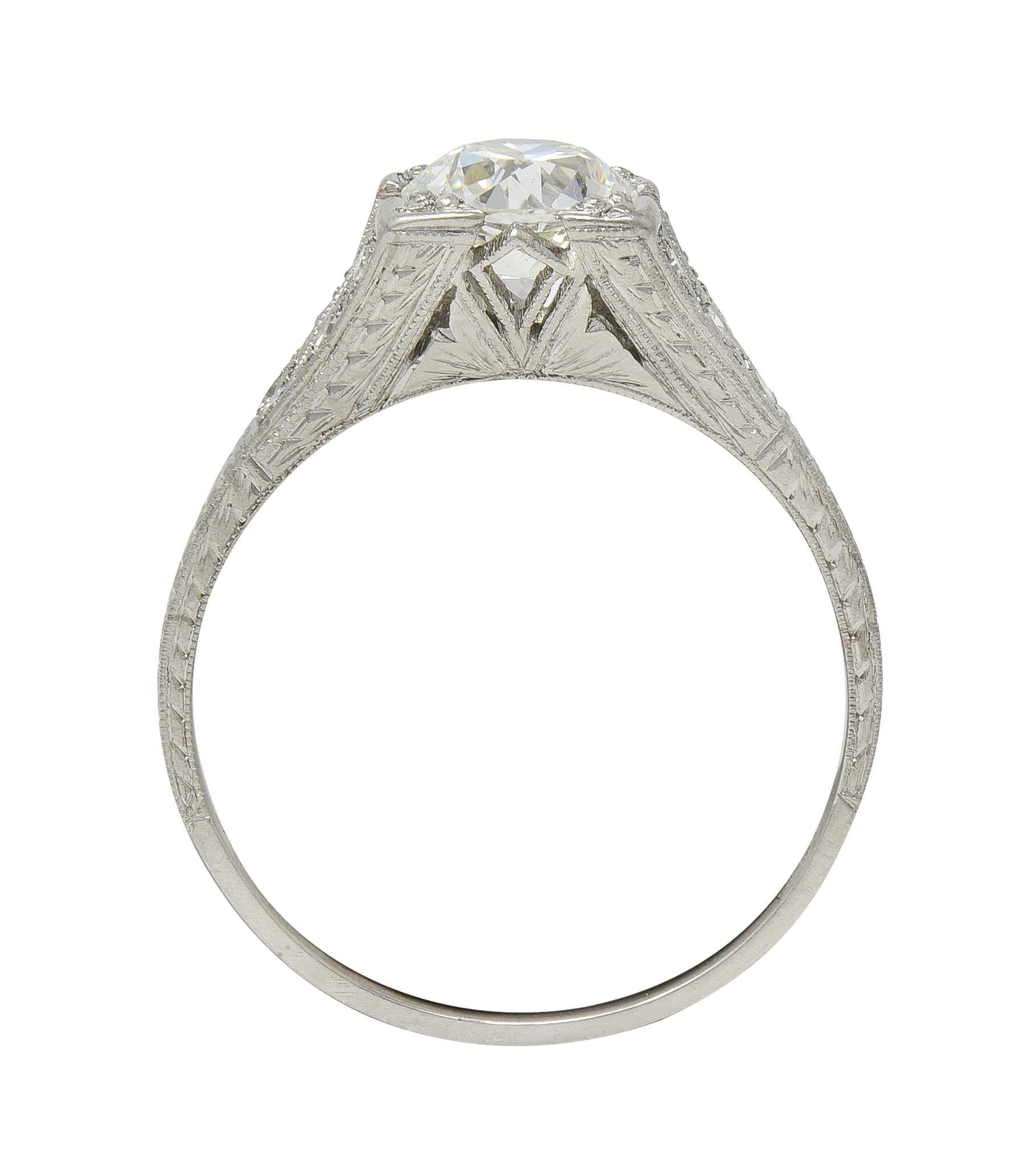 Art Deco 1.30 CTW Diamond Platinum Vintage Fanning Wheat Engagement Ring For Sale 4
