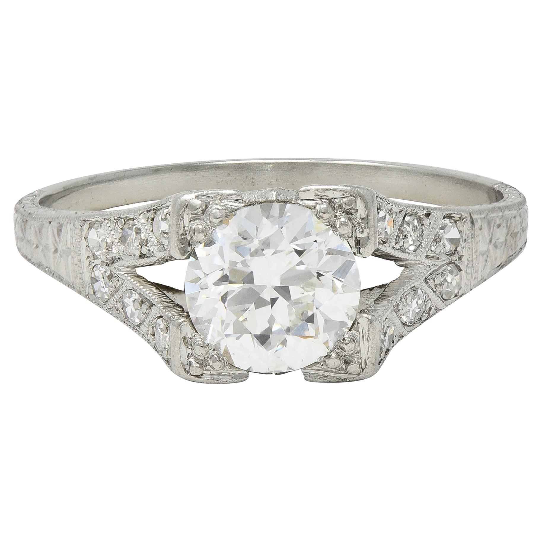 Art Deco 1.30 CTW Diamond Platinum Vintage Fanning Wheat Engagement Ring For Sale