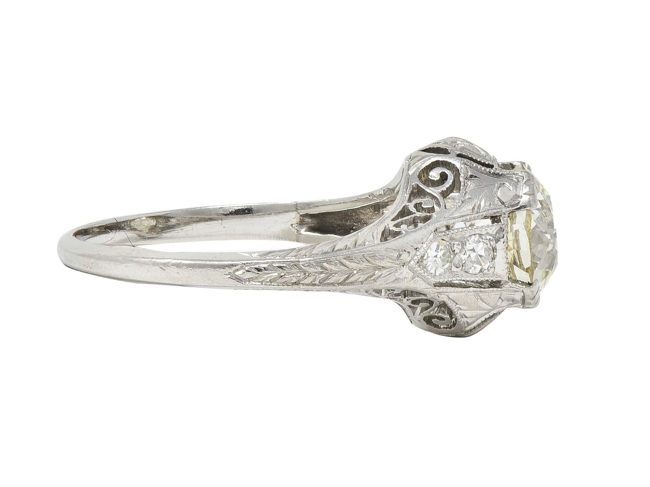 Art Deco 1.30 CTW Old European Cut Diamond Platinum Antique Engagement Ring In Excellent Condition For Sale In Philadelphia, PA