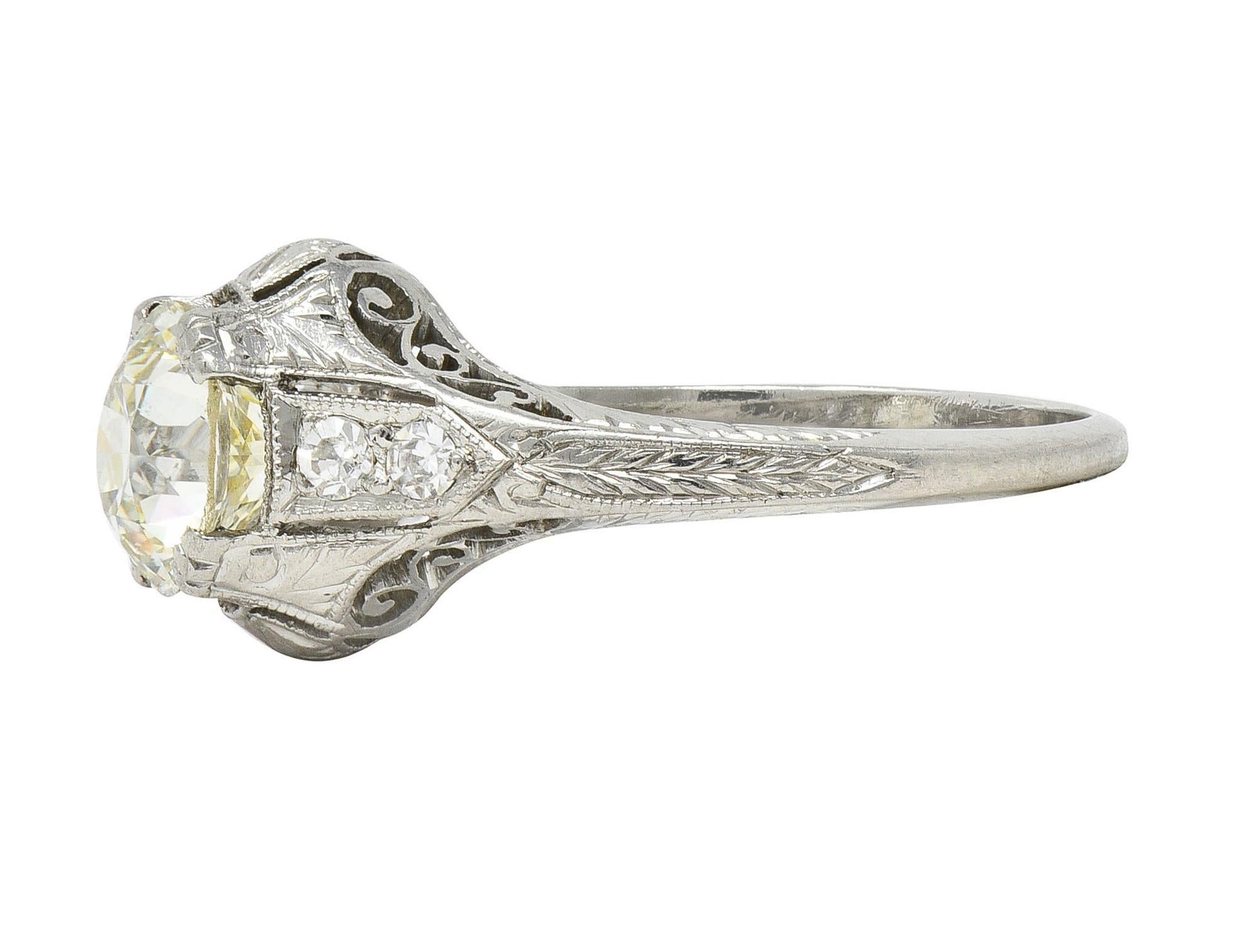 Art Deco 1.30 CTW Old European Cut Diamond Platinum Antique Engagement Ring For Sale 1