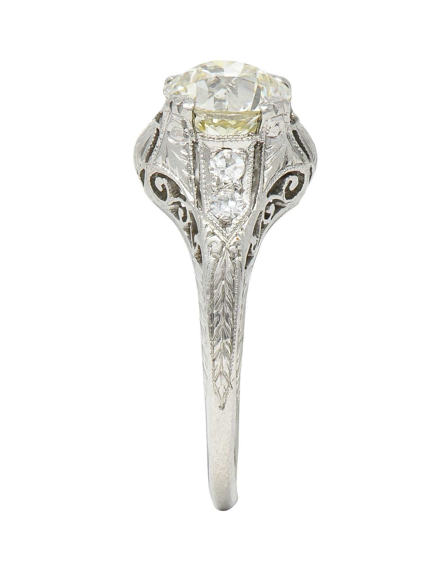 Art Deco 1.30 CTW Old European Cut Diamond Platinum Antique Engagement Ring For Sale 4