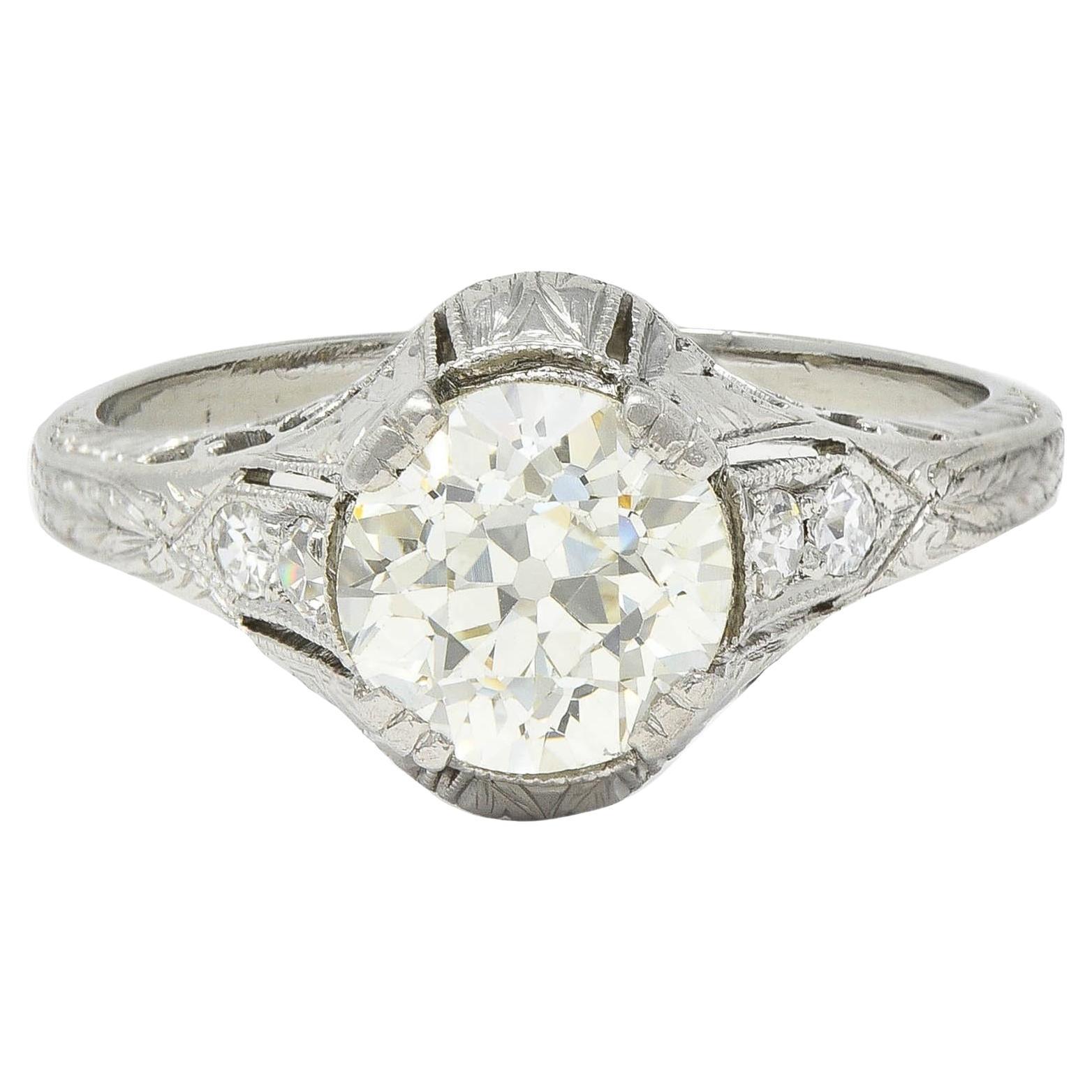 Art Deco 1.30 CTW Old European Cut Diamond Platinum Antique Engagement Ring For Sale