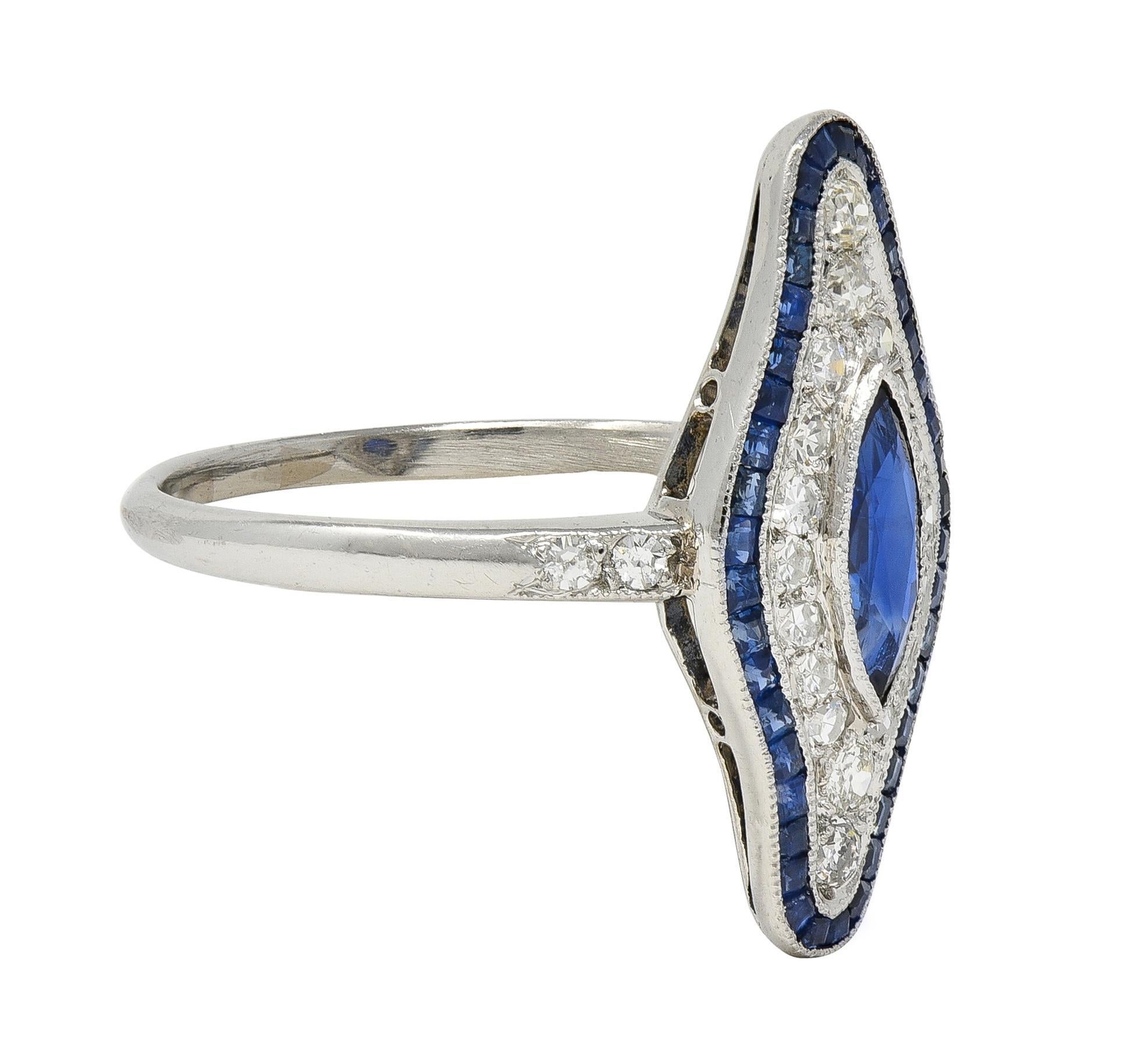 Art Deco 1,30 Karat Saphir Diamant Platin Vintage Navette Halo Dinner-Ring, Vintage (Art déco) im Angebot