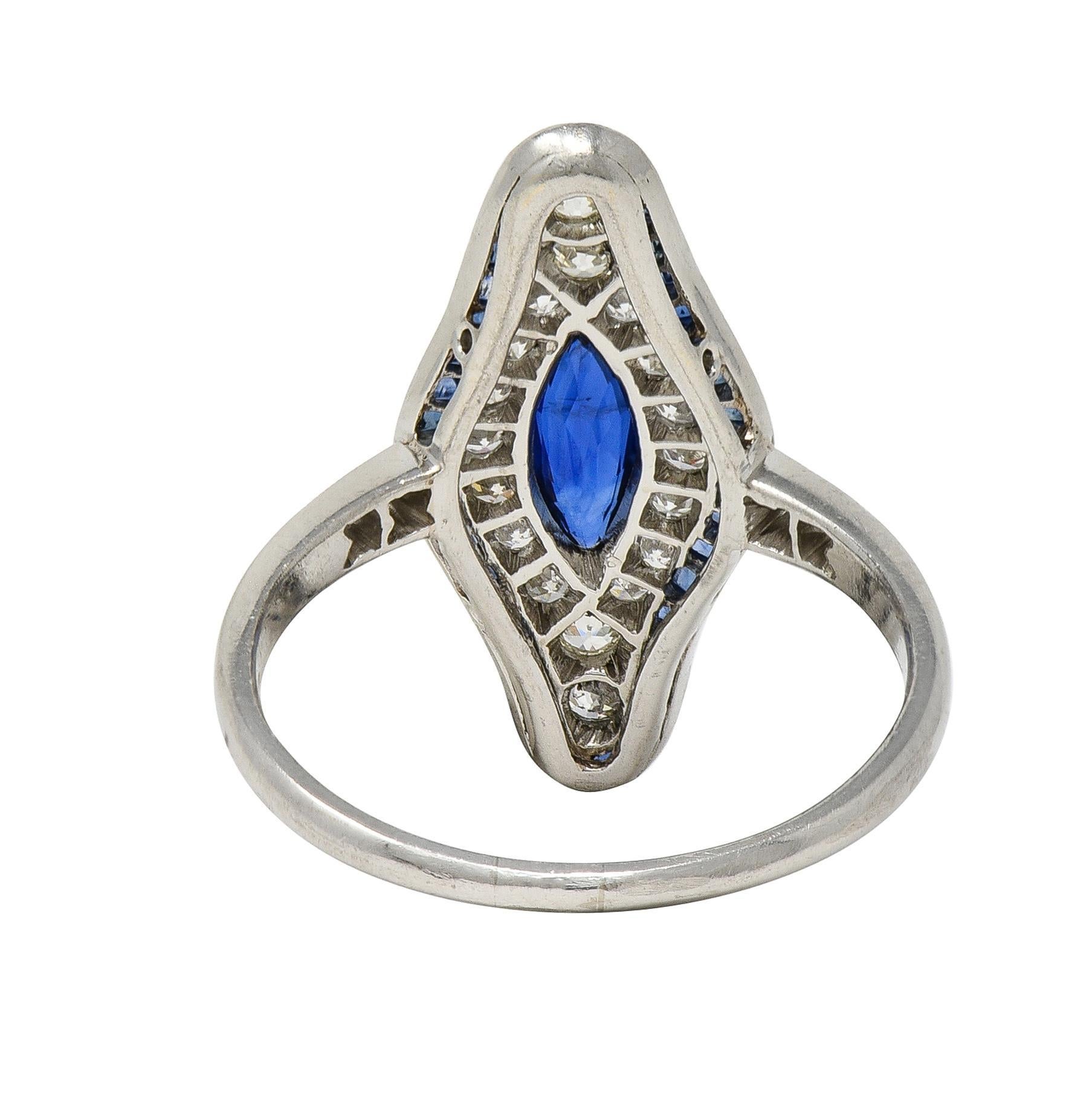 Art Deco 1,30 Karat Saphir Diamant Platin Vintage Navette Halo Dinner-Ring, Vintage (Marquiseschliff) im Angebot