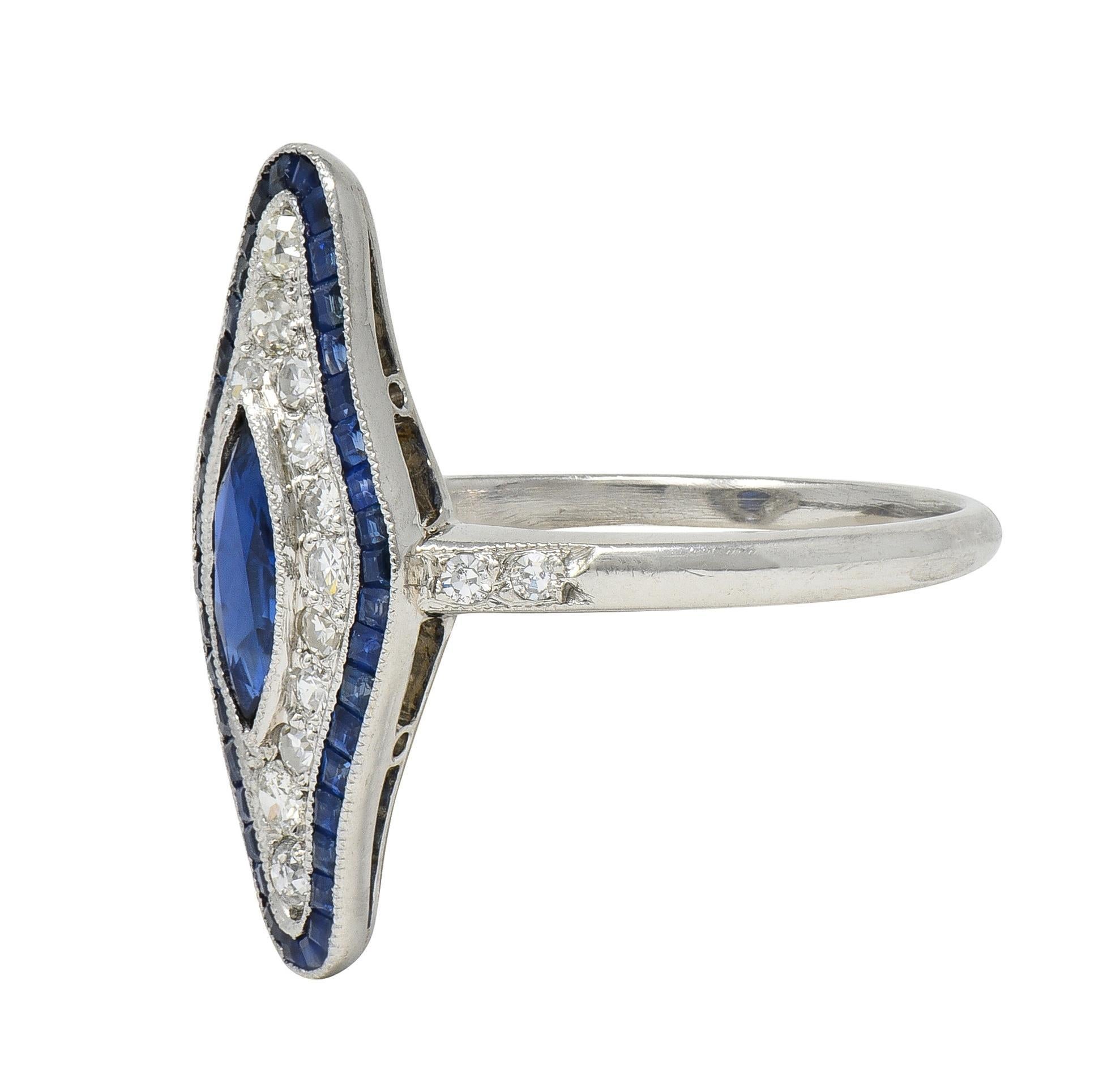 Art Deco 1,30 Karat Saphir Diamant Platin Vintage Navette Halo Dinner-Ring, Vintage im Zustand „Hervorragend“ im Angebot in Philadelphia, PA