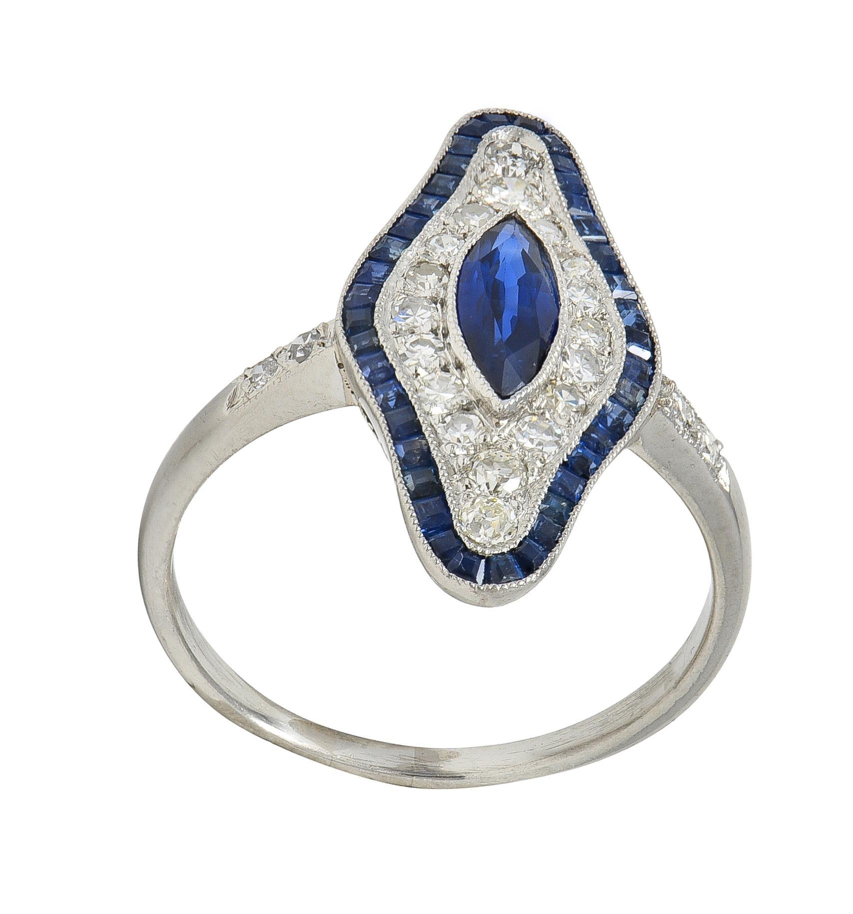 Art Deco 1,30 Karat Saphir Diamant Platin Vintage Navette Halo Dinner-Ring, Vintage im Angebot 1