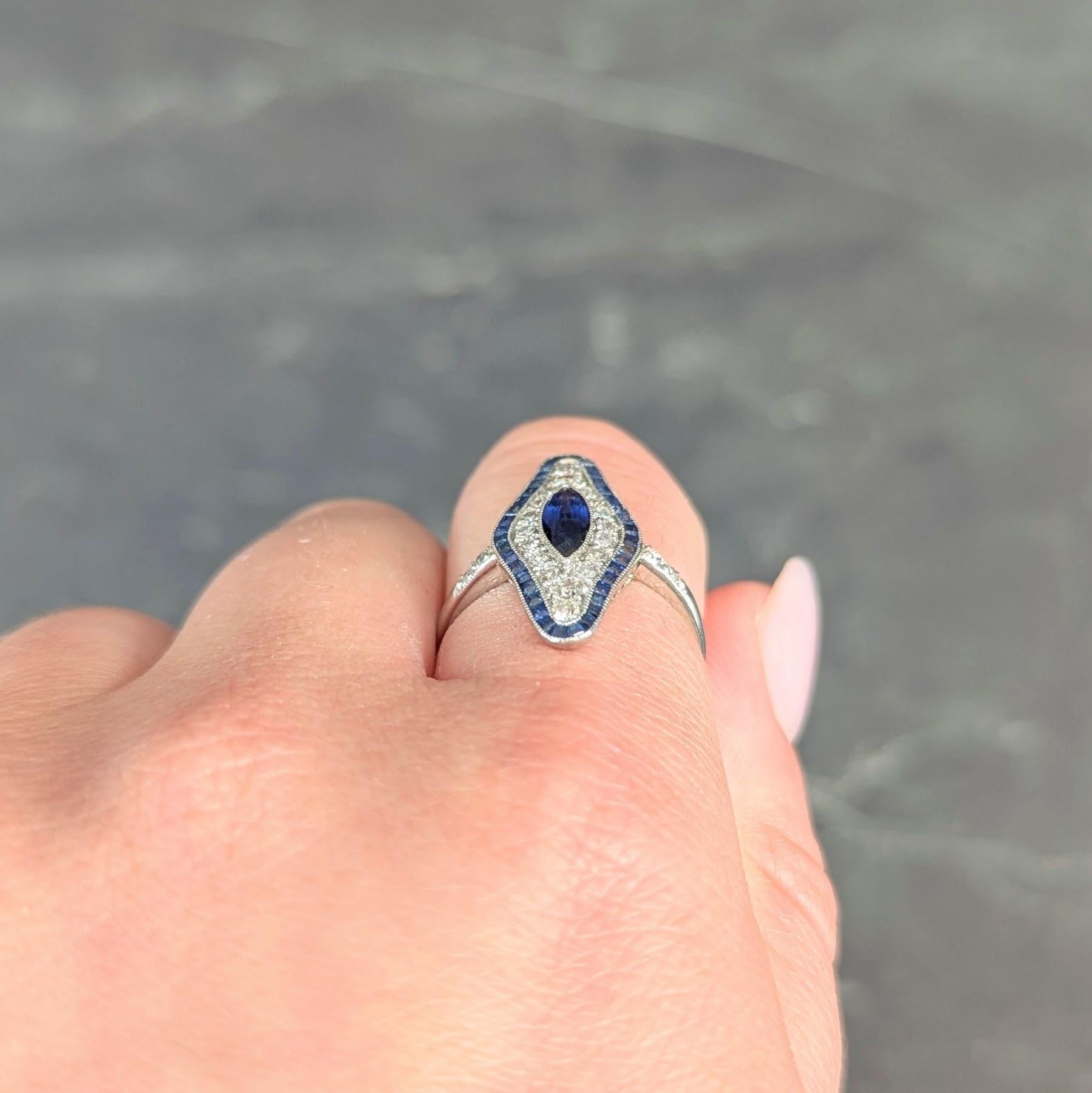 Art Deco 1,30 Karat Saphir Diamant Platin Vintage Navette Halo Dinner-Ring, Vintage im Angebot 2