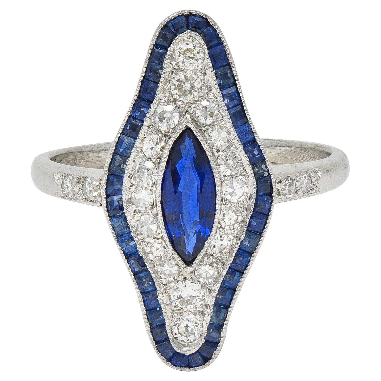 Art Deco 1.30 CTW Sapphire Diamond Platinum Vintage Navette Halo Dinner Ring