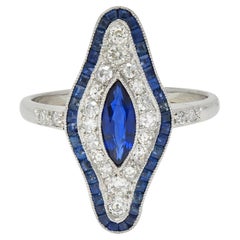 Art Deco 1,30 Karat Saphir Diamant Platin Vintage Navette Halo Dinner-Ring, Vintage