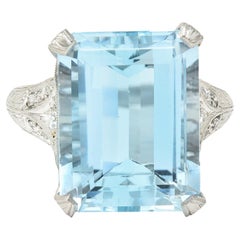Art Deco 13.08 CTW Emerald Cut Aquamarine Diamond Platinum Vintage Cocktail Ring