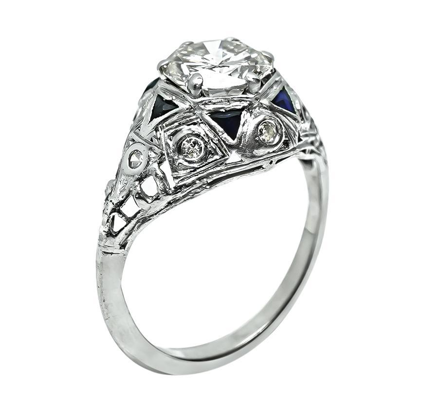Round Cut Art Deco 1.30ct Diamond Sapphire Engagement Ring For Sale