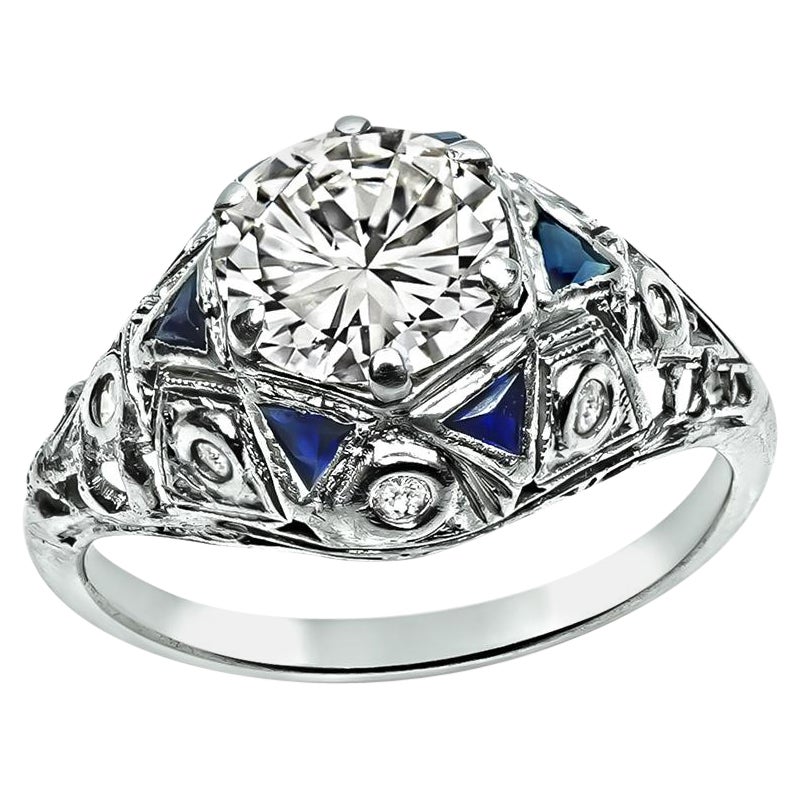 Art Deco 1.30ct Diamond Sapphire Engagement Ring For Sale