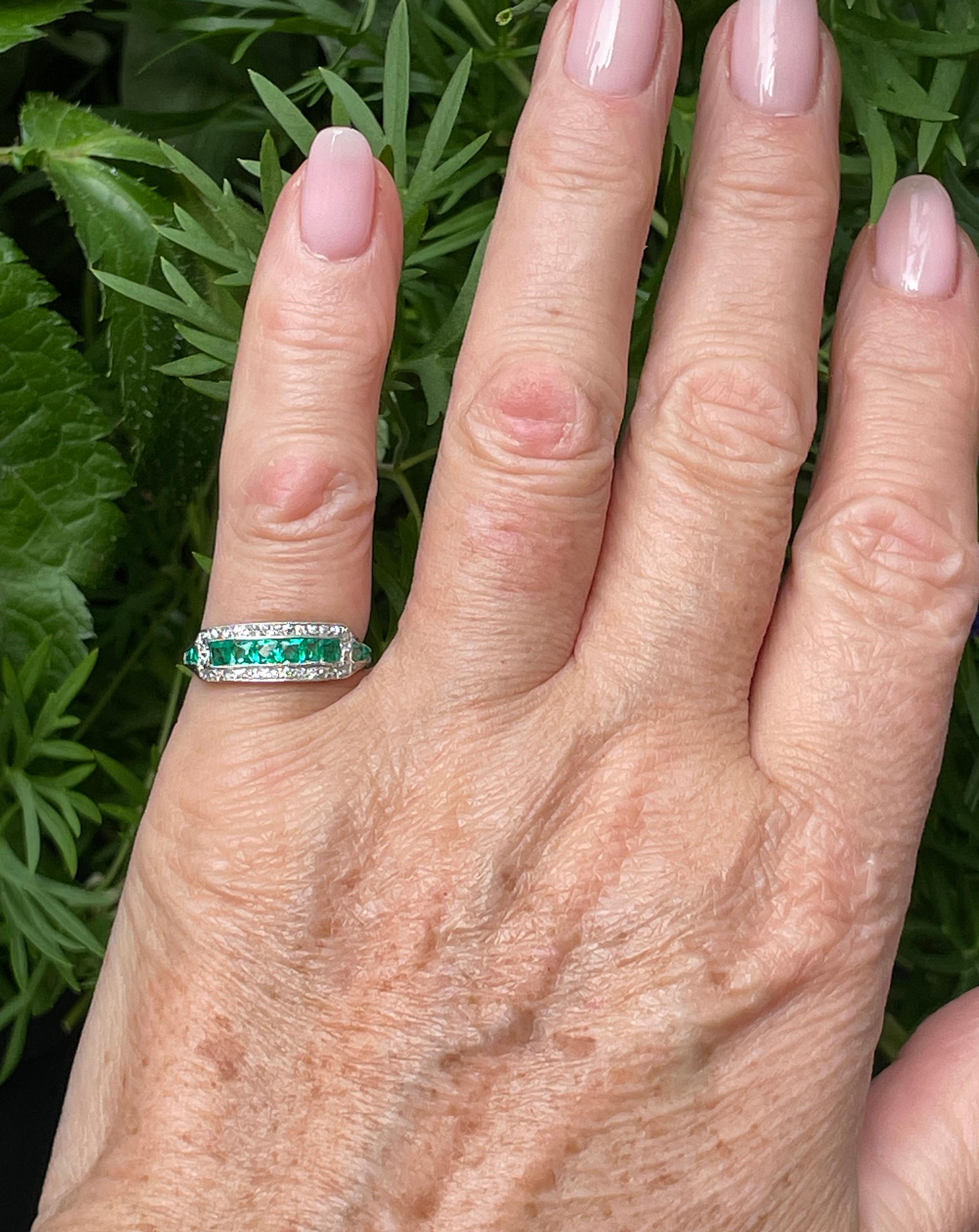 Art Deco 1.30ct Emerald & Dia Wedding Engagement Anniversary Platinum Ring Band 5