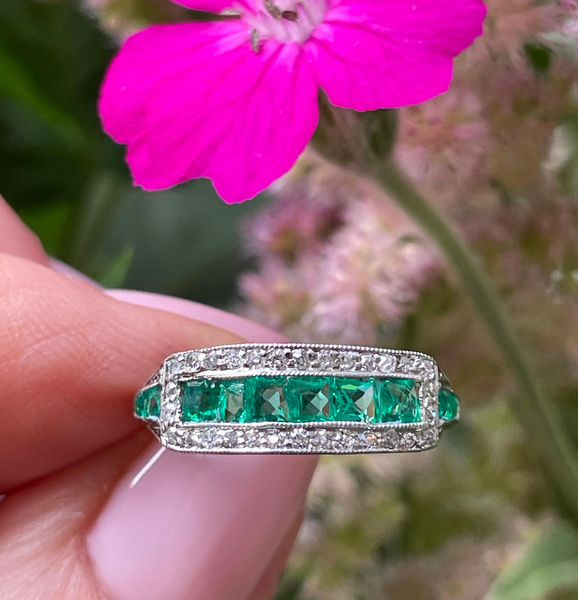 Art Deco 1.30ct Emerald & Dia Wedding Engagement Anniversary Platinum Ring Band 9