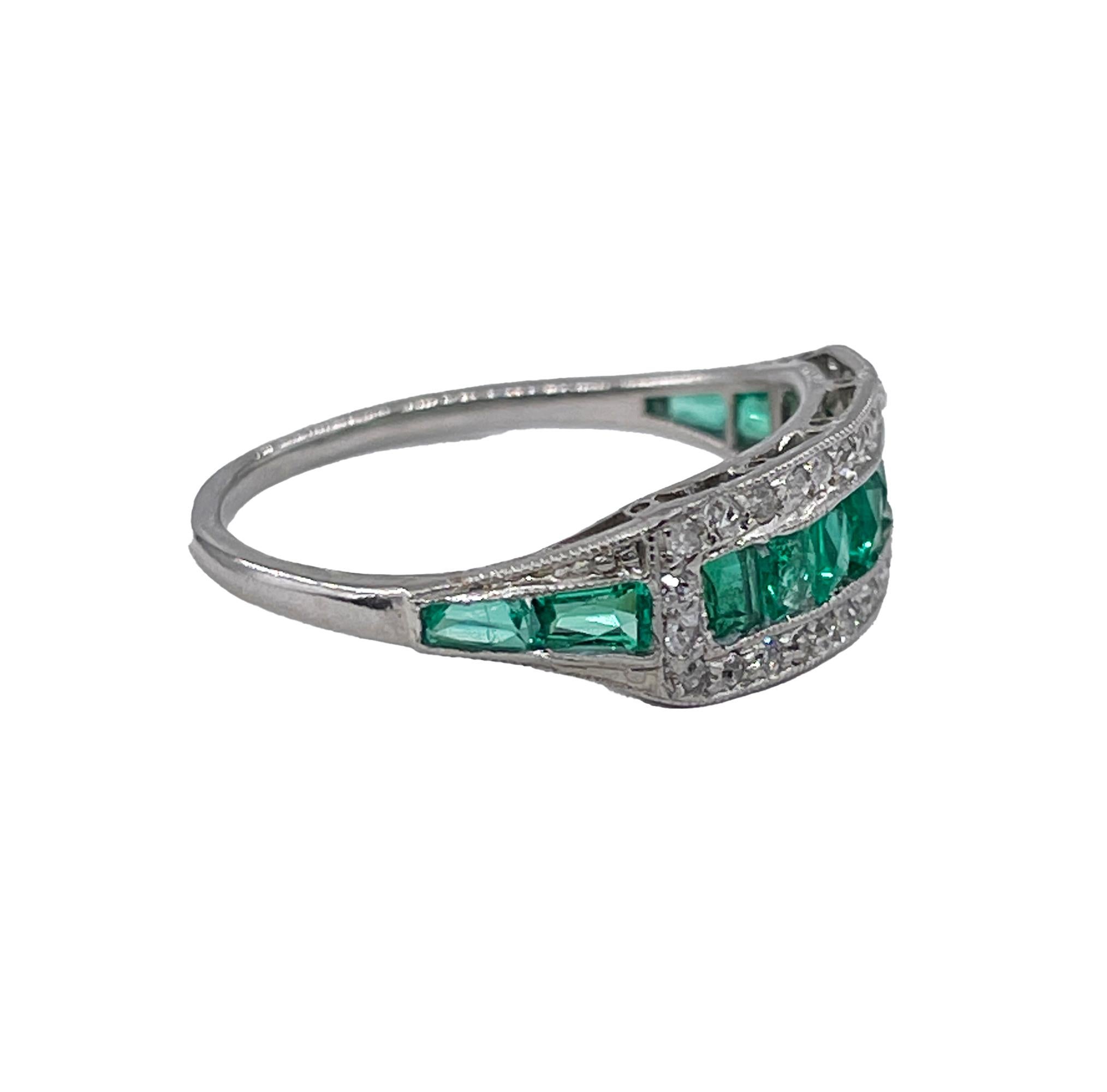 French Cut Art Deco 1.30ct Emerald & Dia Wedding Engagement Anniversary Platinum Ring Band
