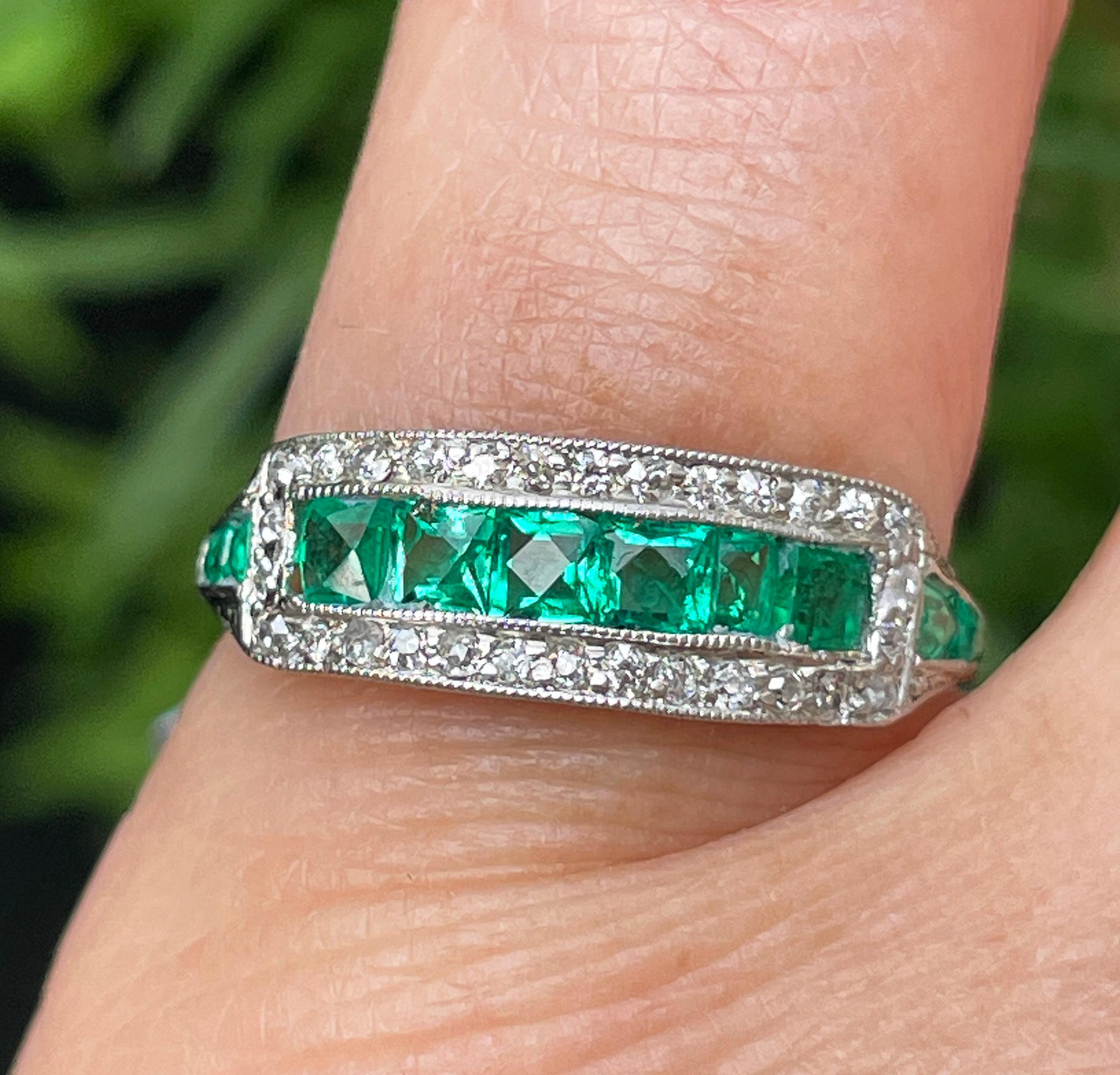 Art Deco 1.30ct Emerald & Dia Wedding Engagement Anniversary Platinum Ring Band 2