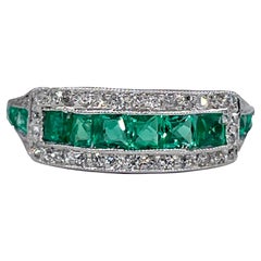 Vintage Art Deco 1.30ct Emerald & Dia Wedding Engagement Anniversary Platinum Ring Band