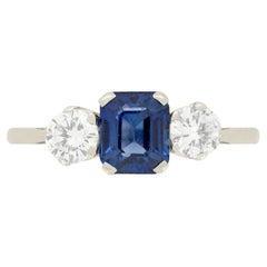 Vintage Art Deco 1.30ct Sapphire and Diamond Three Stone Ring, c.1930s