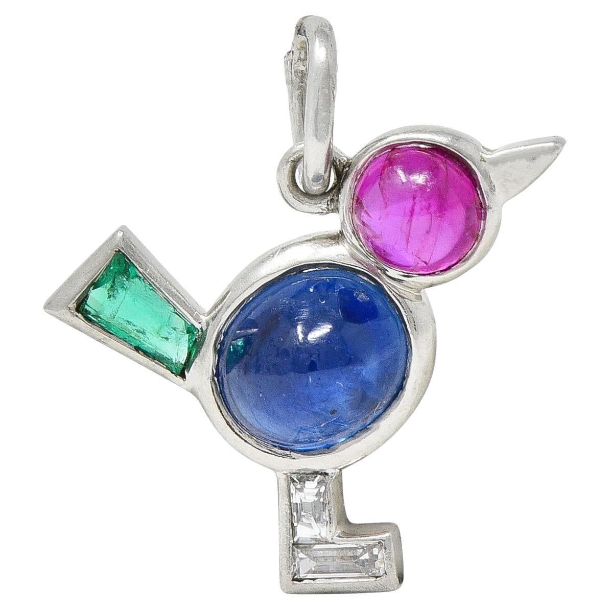 Art Deco 1.31 CTW Diamond Ruby Sapphire Emerald Platinum Vintage Bird Charm