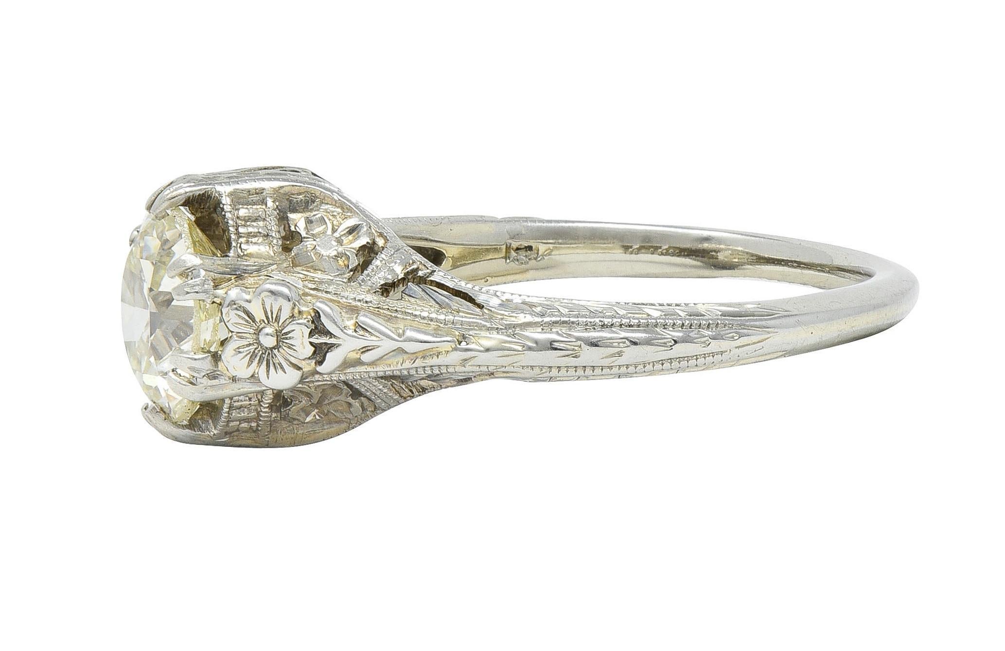 Art Deco 1.31 CTW Old European 18 Karat Gold Orange Blossom Engagement Ring GIA For Sale 1