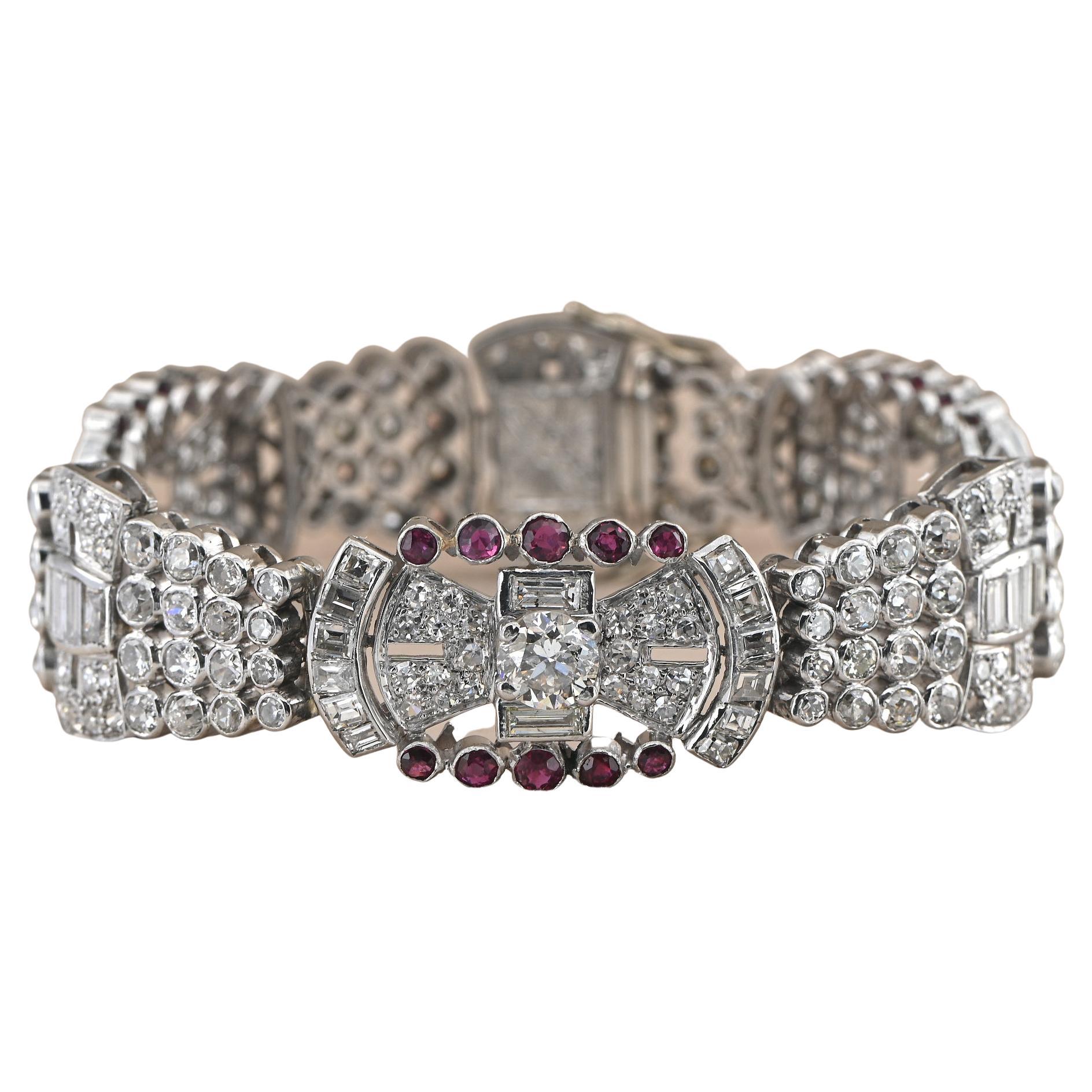 Art Deco 13.10 Ct Diamond 2.80 Ct Natural Ruby 18 KT Bracelet