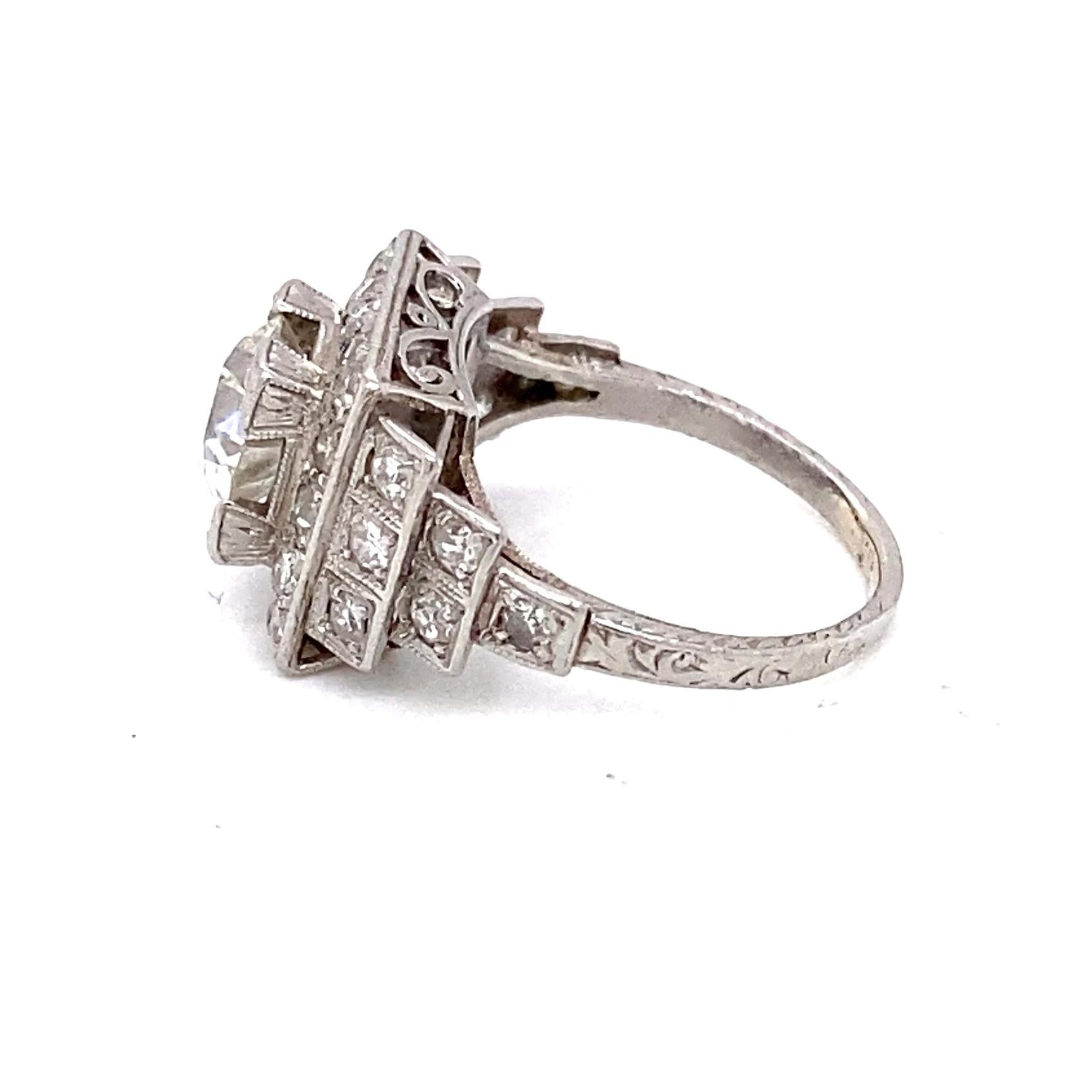 Art Deco 1.32 Carat Center Old European Cut Diamond Platinum Engagement Ring In Good Condition For Sale In Towson, MD