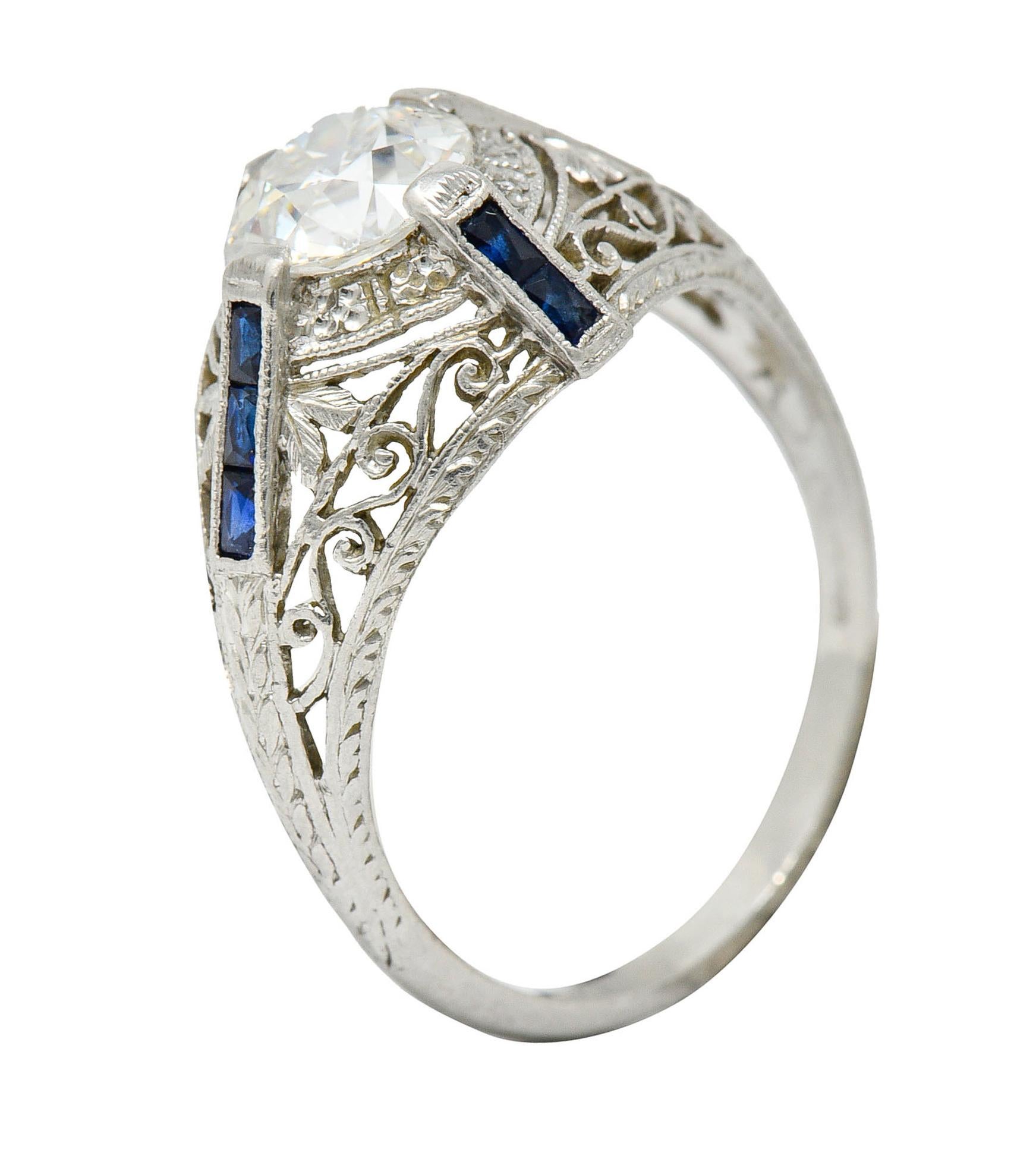 Art Deco 1.32 Carats Diamond Sapphire Platinum Foliate Engagement Ring For Sale 5