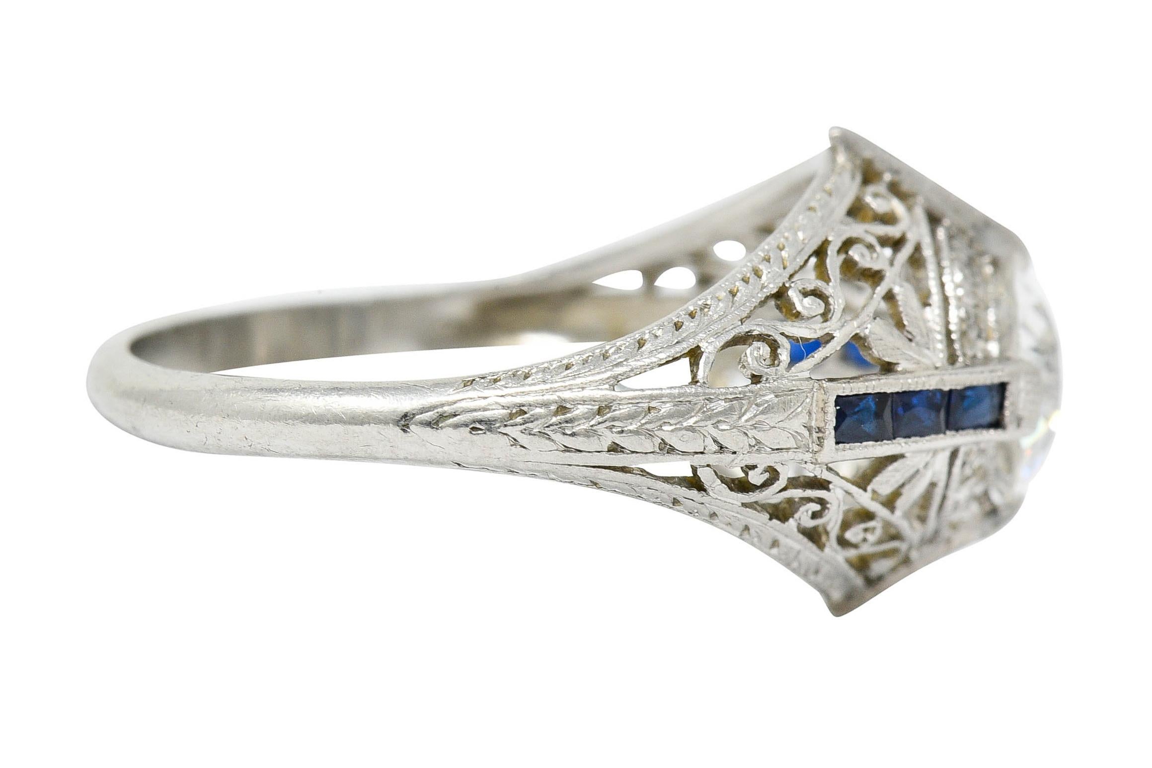 French Cut Art Deco 1.32 Carats Diamond Sapphire Platinum Foliate Engagement Ring For Sale