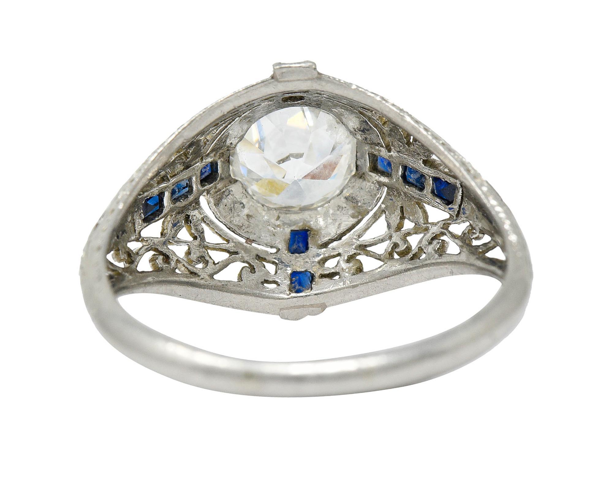 Art Deco 1.32 Carats Diamond Sapphire Platinum Foliate Engagement Ring In Excellent Condition For Sale In Philadelphia, PA