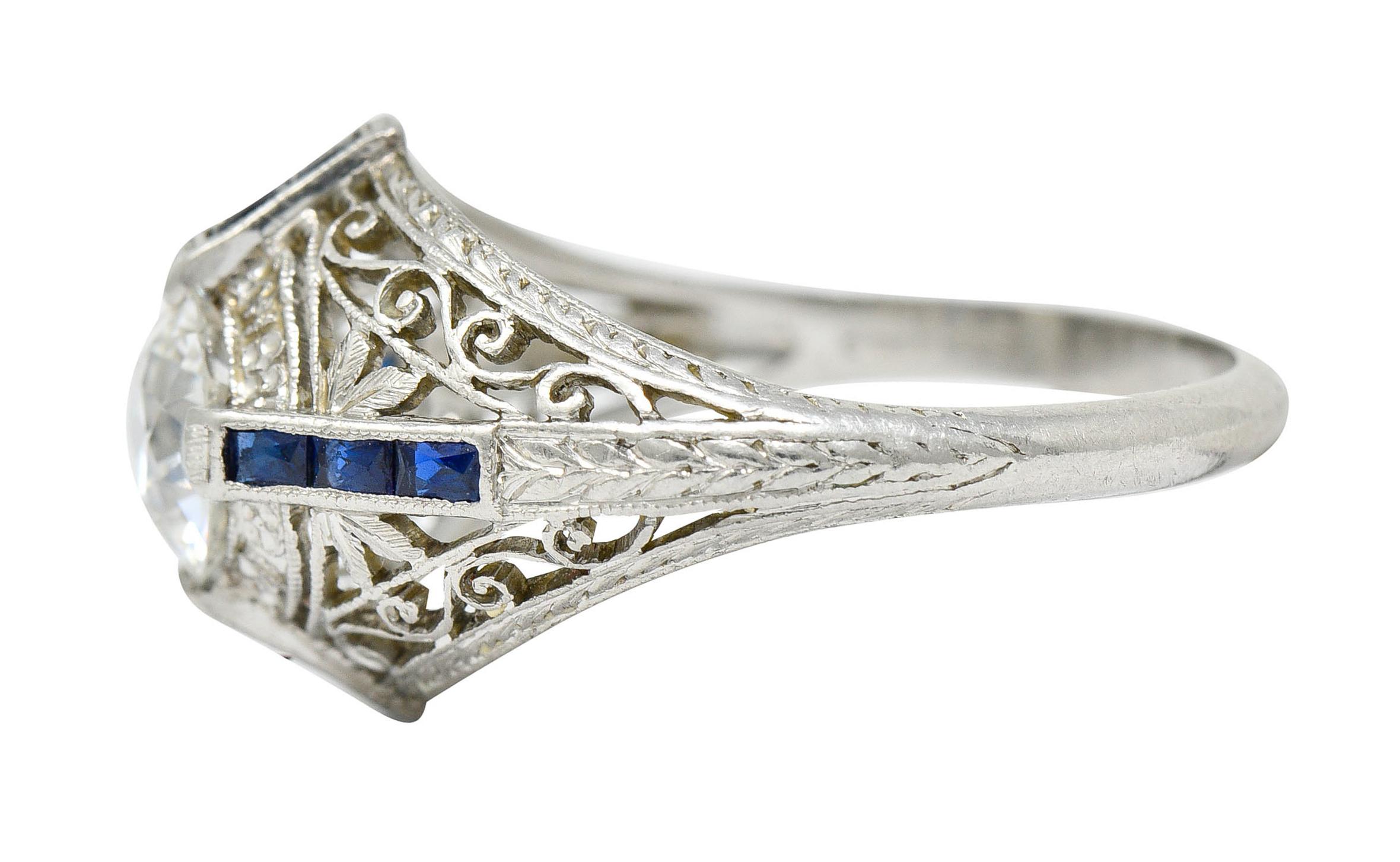 Women's or Men's Art Deco 1.32 Carats Diamond Sapphire Platinum Foliate Engagement Ring For Sale