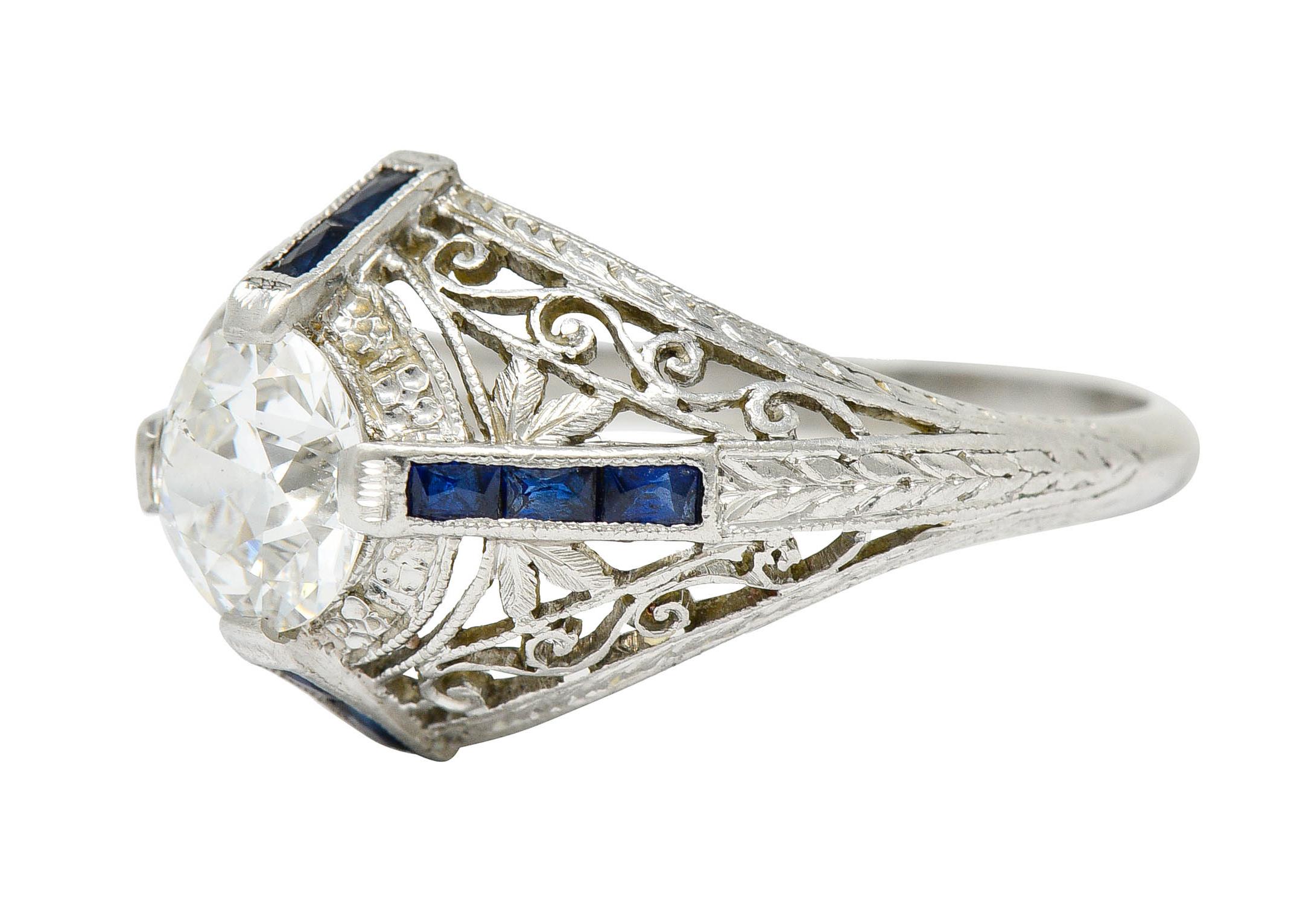 Art Deco 1.32 Carats Diamond Sapphire Platinum Foliate Engagement Ring For Sale 1