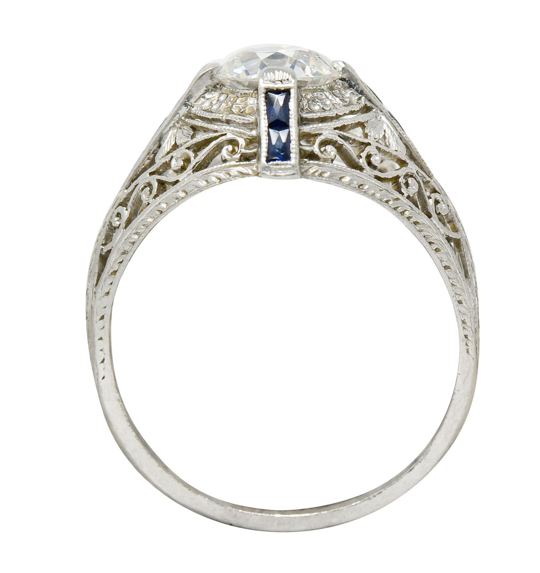 Art Deco 1.32 Carats Diamond Sapphire Platinum Foliate Engagement Ring For Sale 2