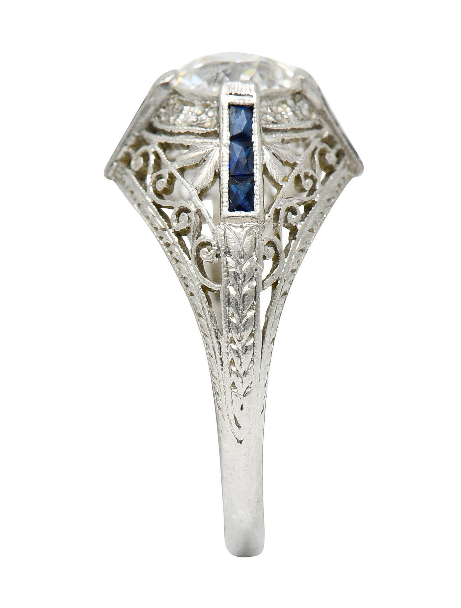 Art Deco 1.32 Carats Diamond Sapphire Platinum Foliate Engagement Ring For Sale 3