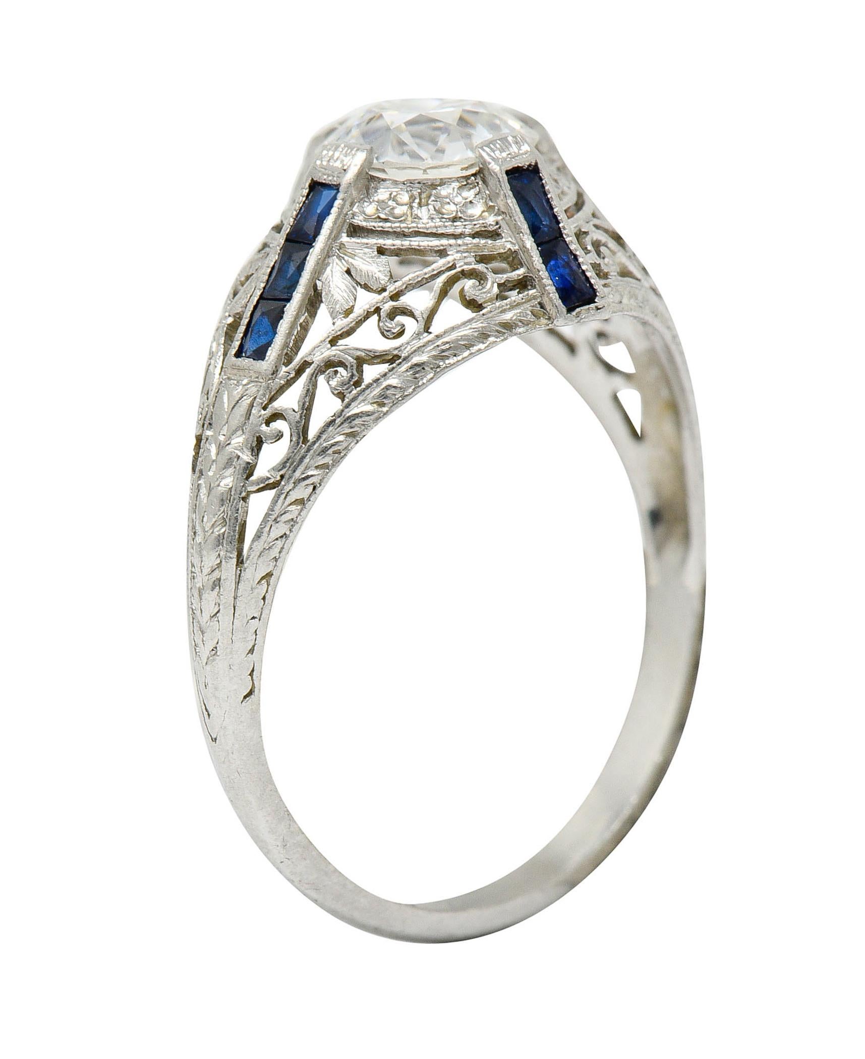 Art Deco 1.32 Carats Diamond Sapphire Platinum Foliate Engagement Ring For Sale 4