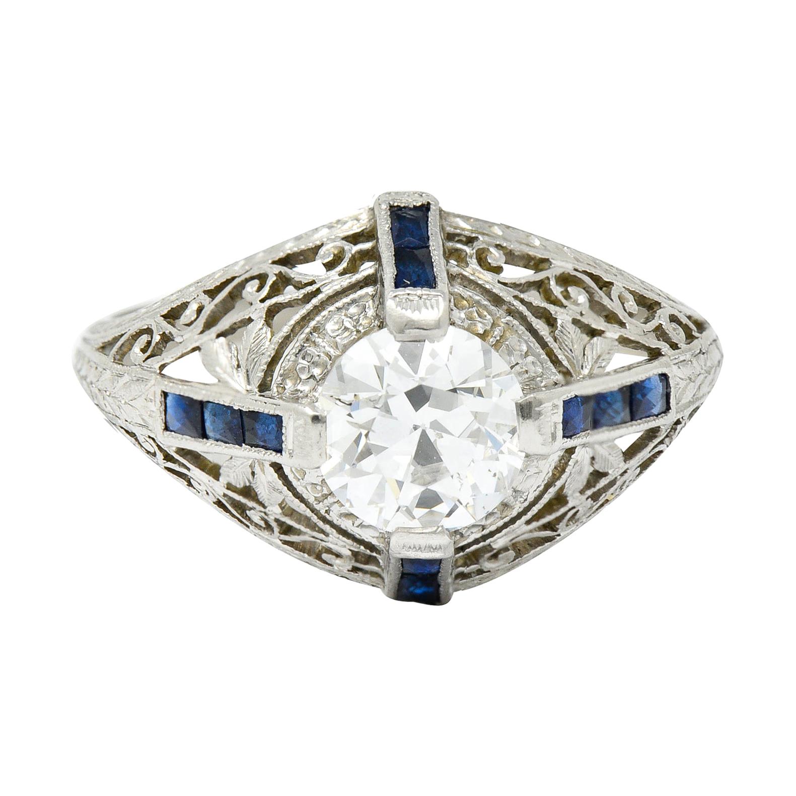 Art Deco 1.32 Carats Diamond Sapphire Platinum Foliate Engagement Ring