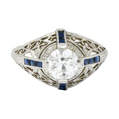 Vintage Art Deco 1.32 Carats Diamond Sapphire Platinum Foliate Engagement Ring