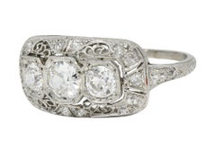 Art Deco 1.32 CTW Diamond Platinum Filigree Vintage Three Stone Ring
