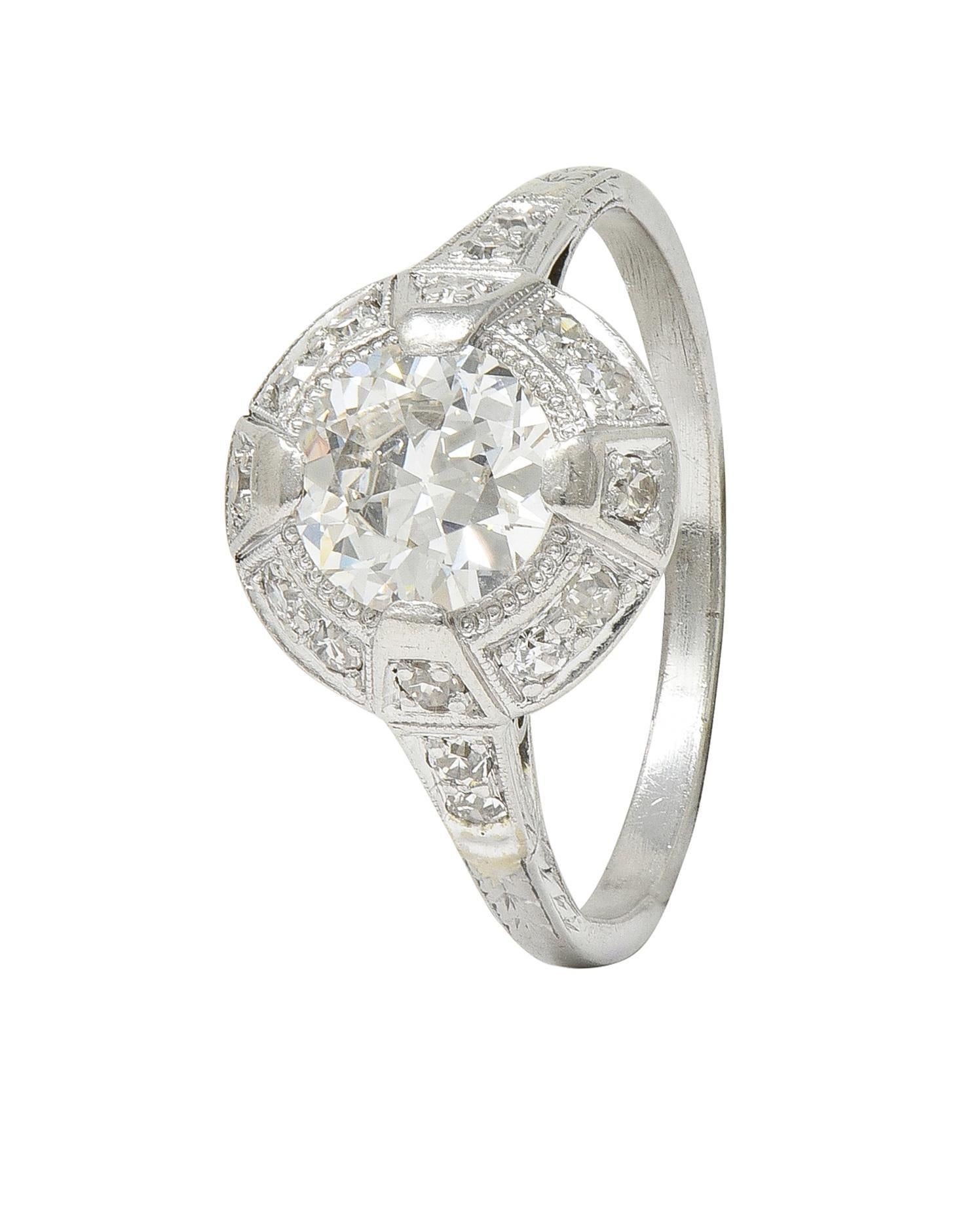Art Deco 1.32 CTW Old European Cut Diamond Platinum Halo Vintage Engagement Ring For Sale 6