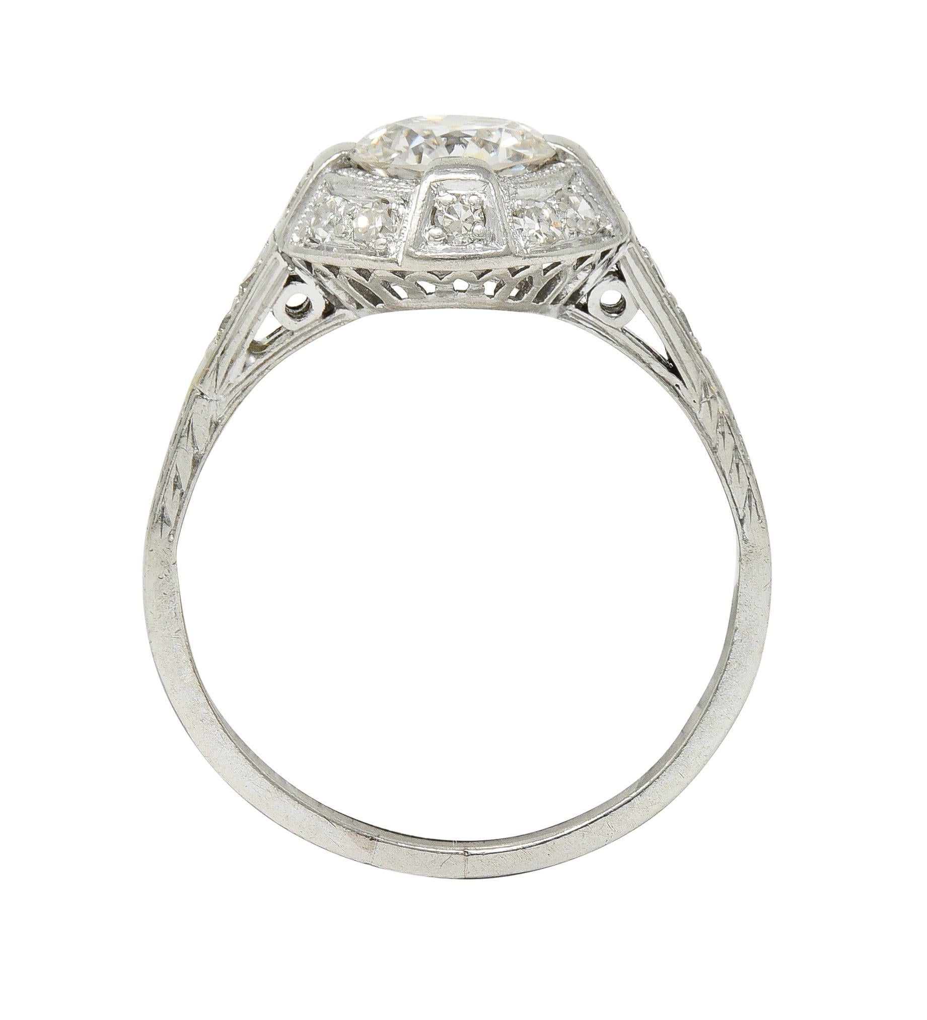 Art Deco 1.32 CTW Old European Cut Diamond Platinum Halo Vintage Engagement Ring In Excellent Condition For Sale In Philadelphia, PA