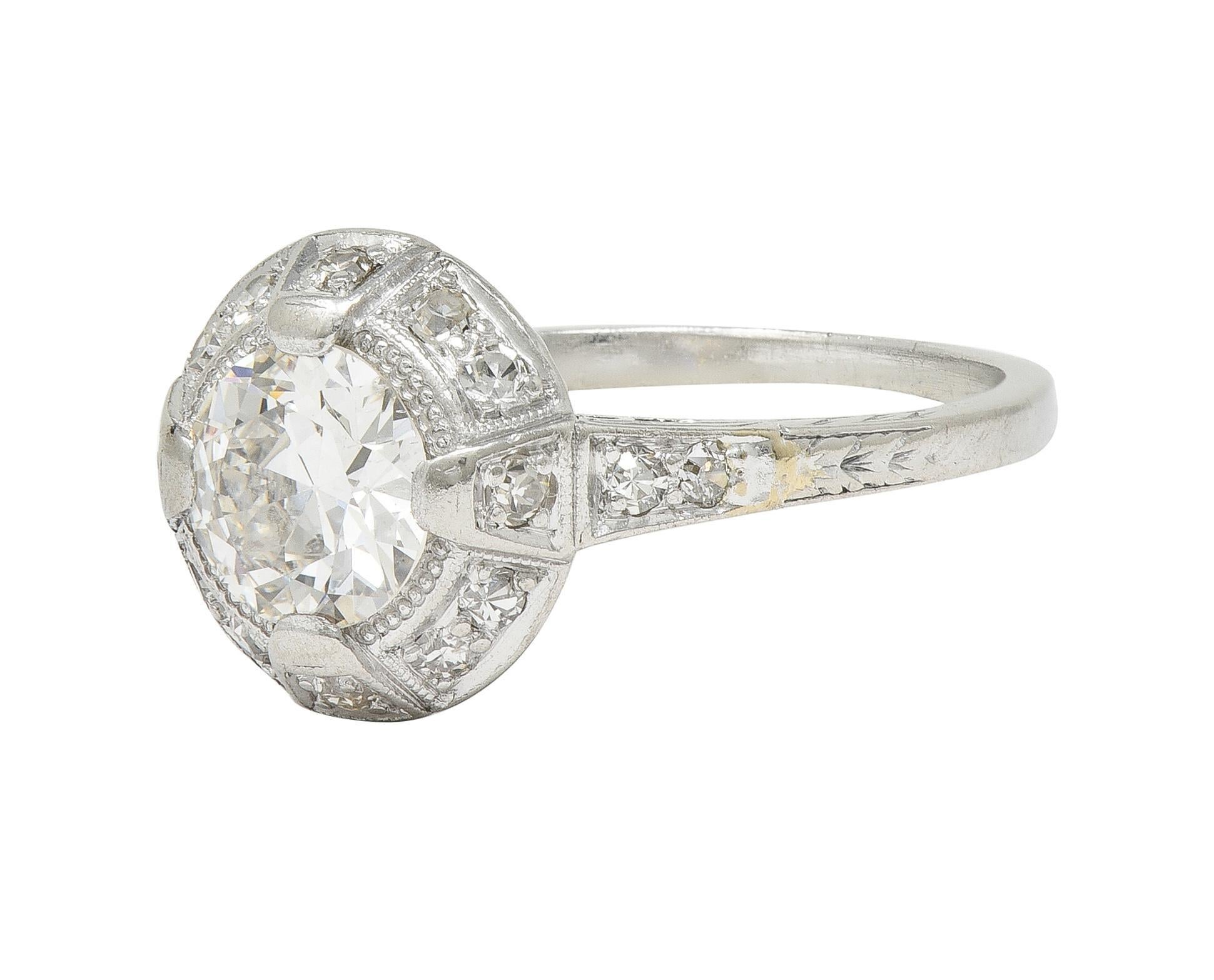 Art Deco 1.32 CTW Old European Cut Diamond Platinum Halo Vintage Engagement Ring For Sale 2