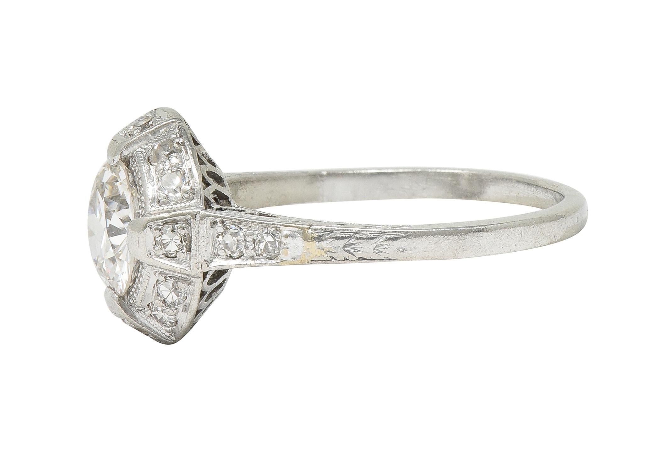 Art Deco 1.32 CTW Old European Cut Diamond Platinum Halo Vintage Engagement Ring For Sale 3