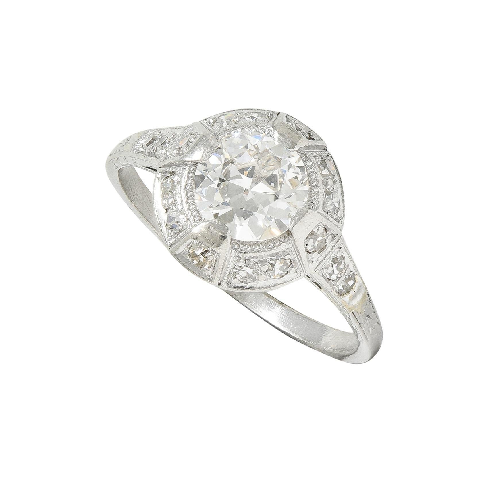 Art Deco 1.32 CTW Old European Cut Diamond Platinum Halo Vintage Engagement Ring For Sale 4