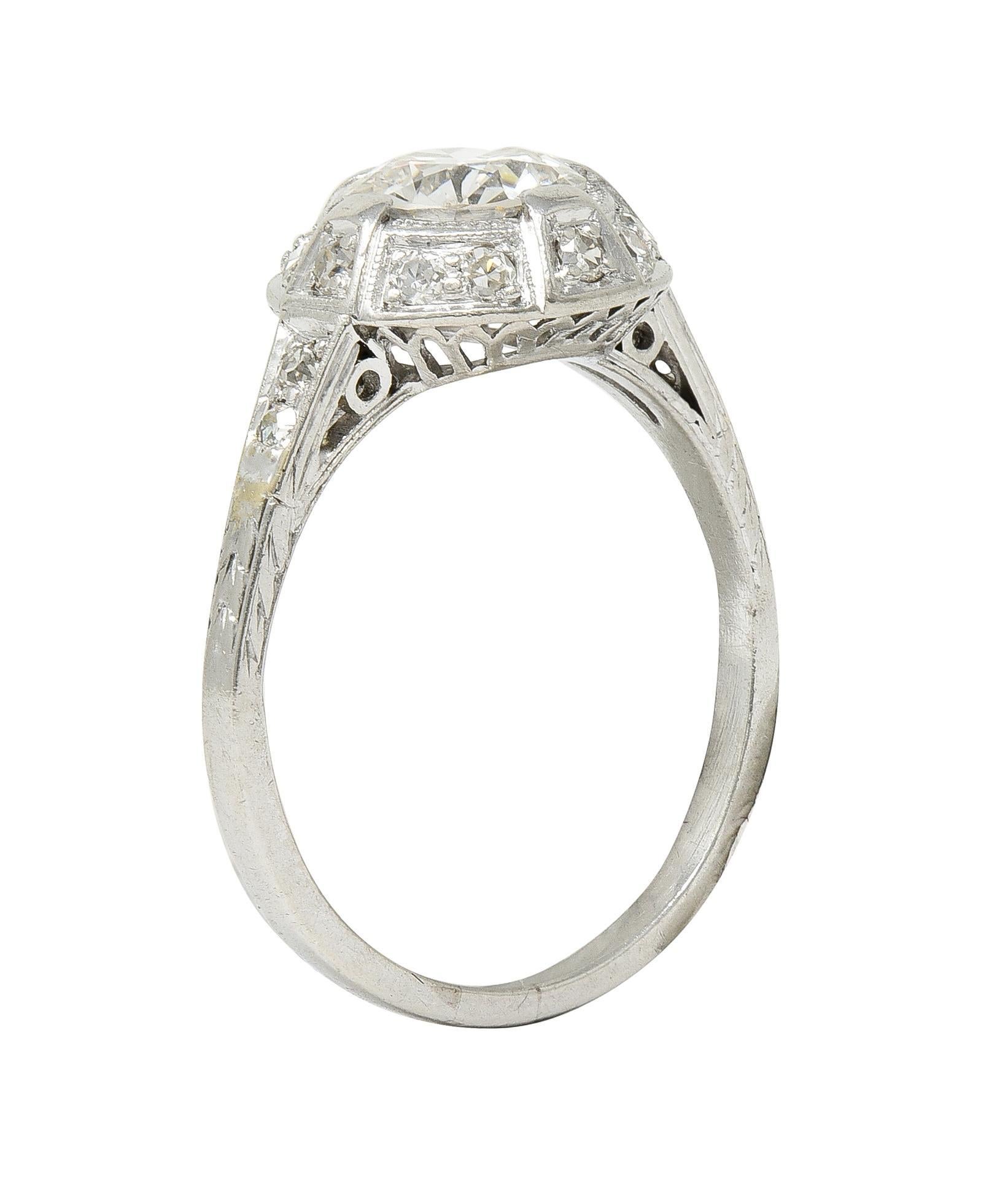 Art Deco 1.32 CTW Old European Cut Diamond Platinum Halo Vintage Engagement Ring For Sale 5