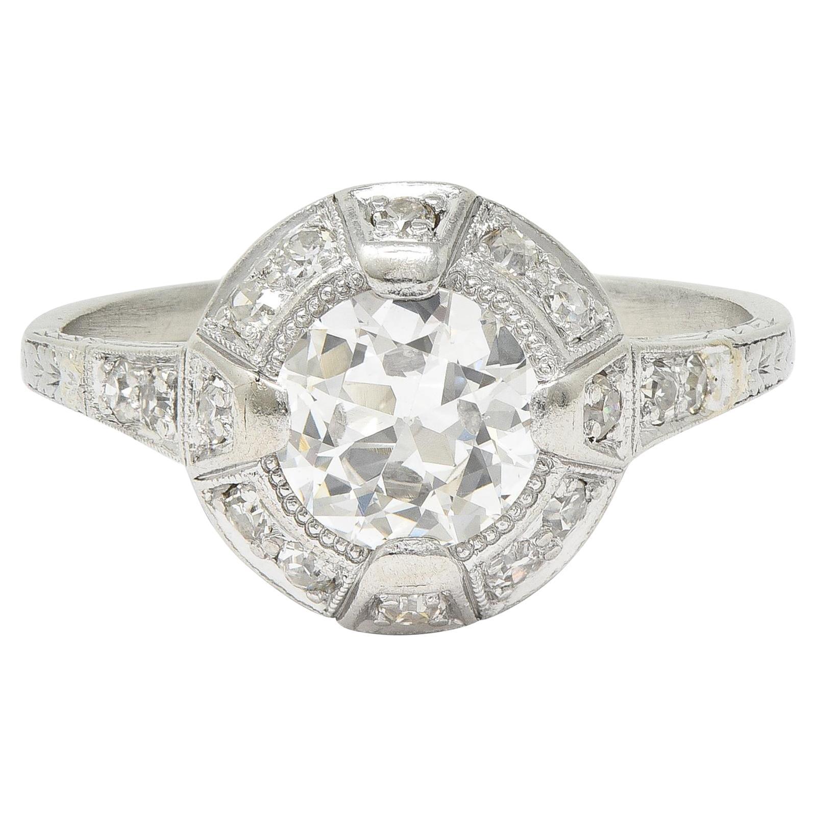 Art Deco 1.32 CTW Old European Cut Diamond Platinum Halo Vintage Engagement Ring