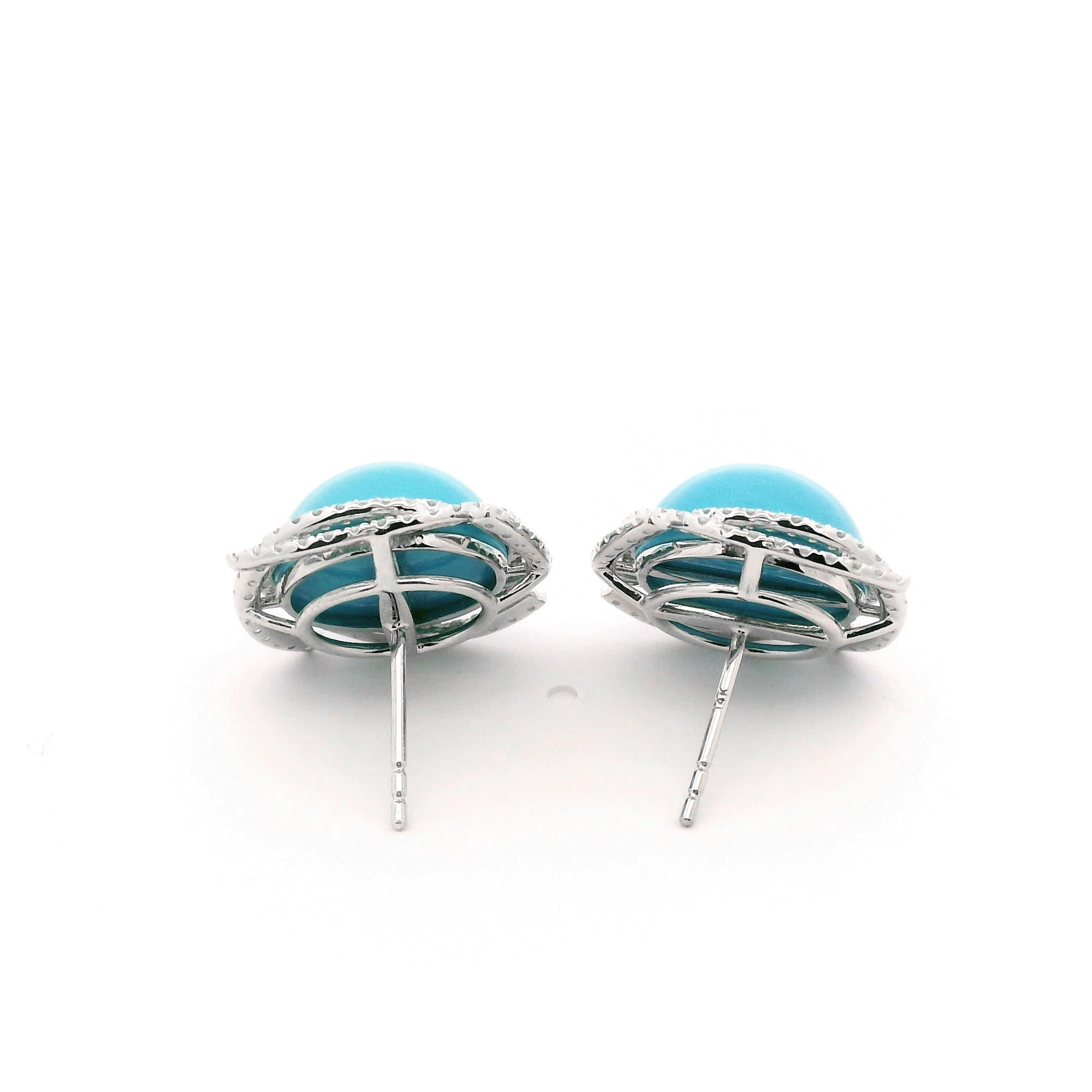 Art Deco 13.25Ct Sleeping Beauty Turquoise Diamond Earrings in 14K Solid Gold In New Condition In Hong Kong, HK
