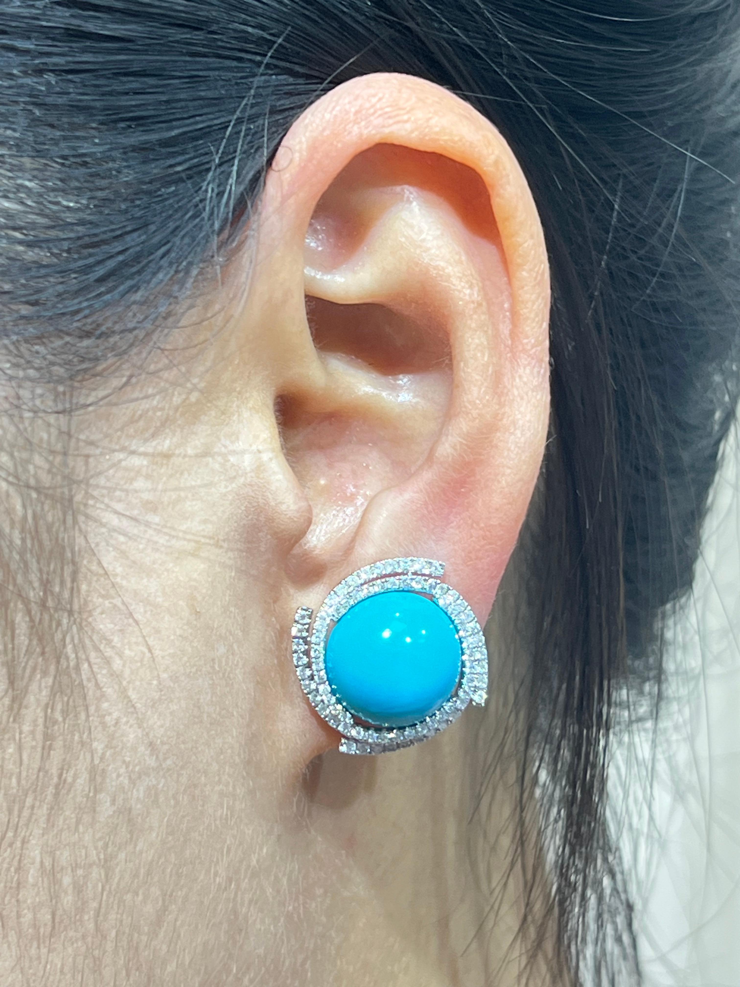 Art Deco 13.25Ct Sleeping Beauty Turquoise Diamond Earrings in 14K Solid Gold 1