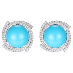 Art Deco 13.25Ct Sleeping Beauty Turquoise Diamond Earrings in 14K Solid Gold