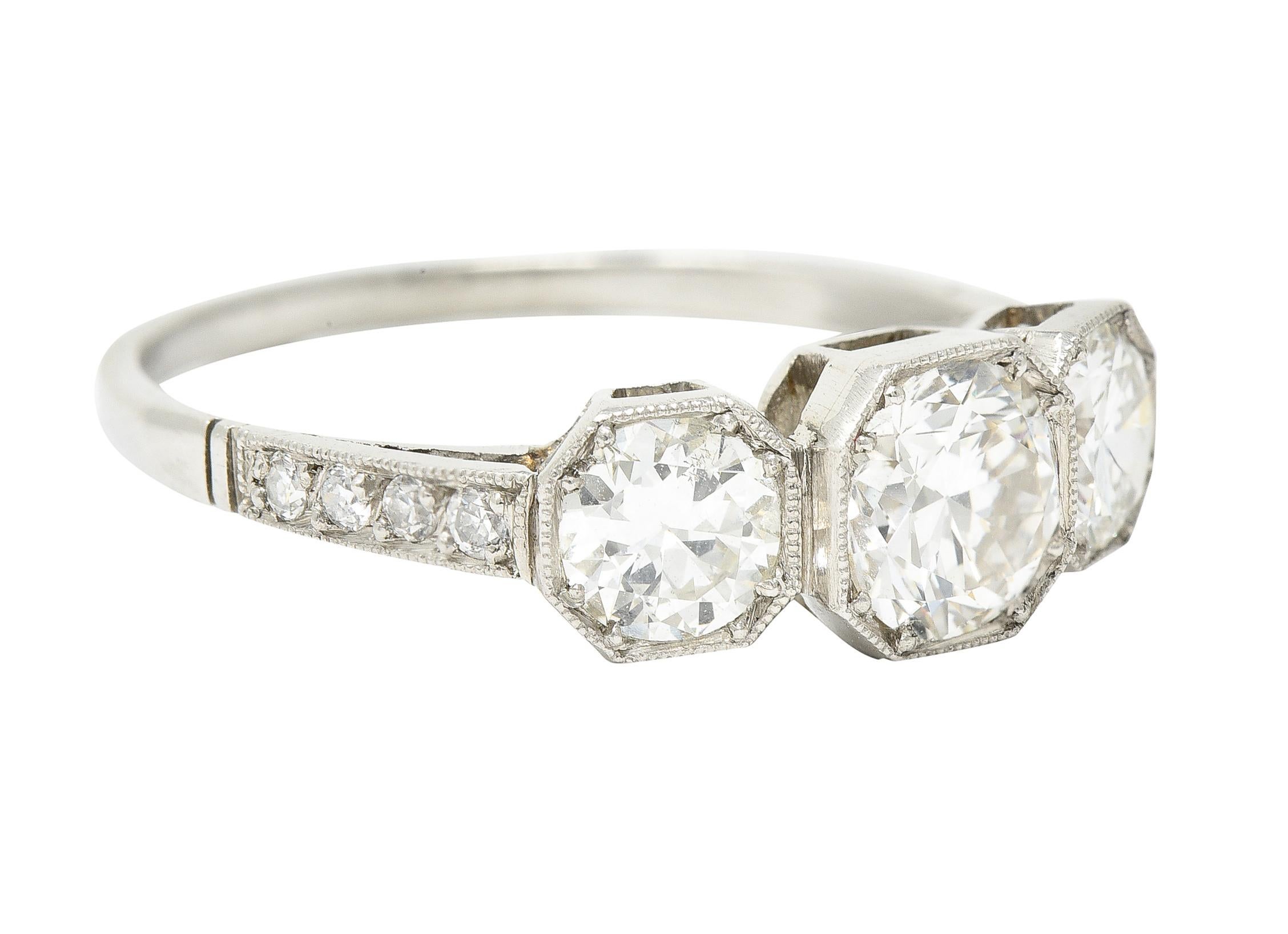 Art Deco 1.34 Carat Old European Cut Diamond Platinum 3 Stone Ring In Excellent Condition In Philadelphia, PA